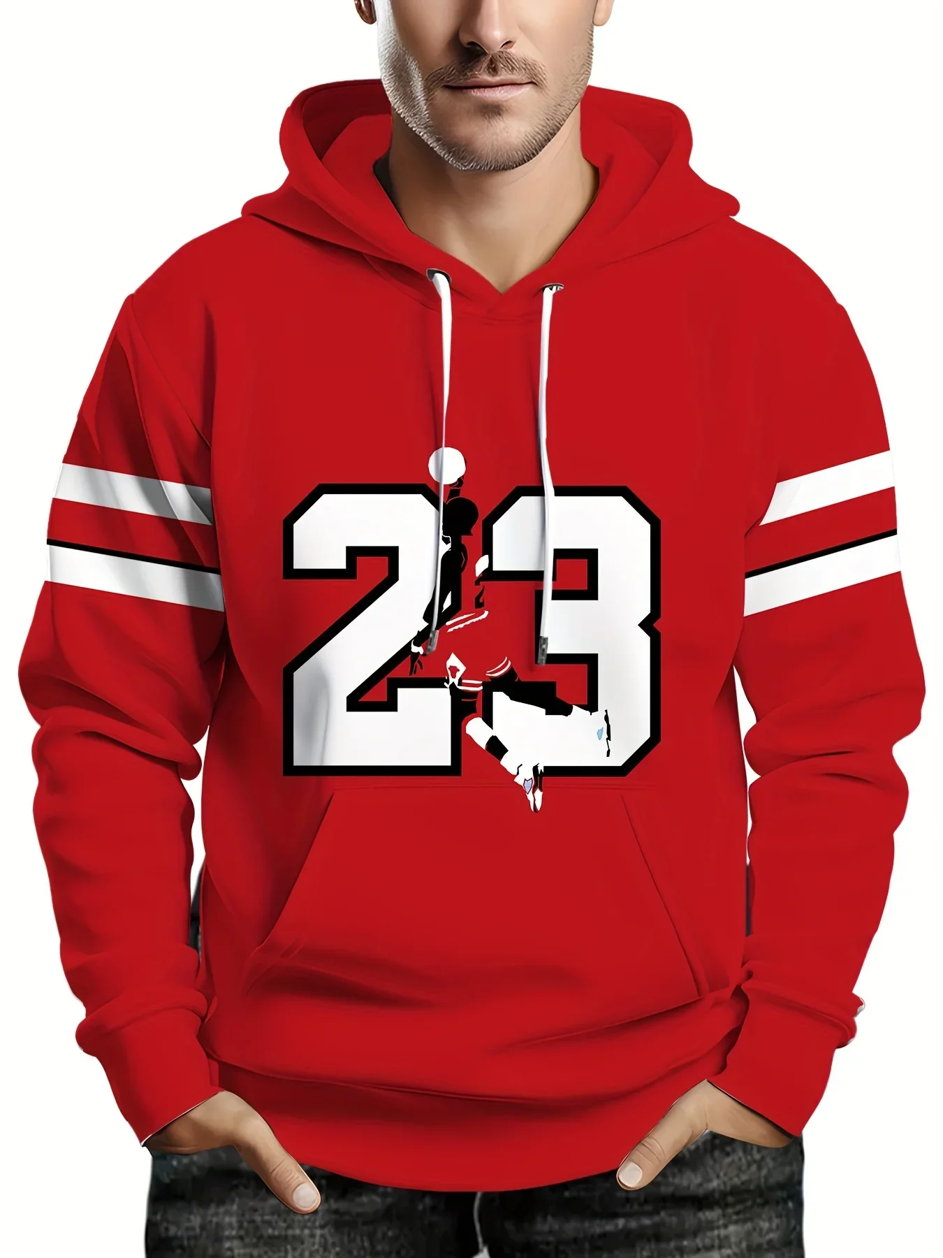 Plus Size Men's Fashion Hoodie, Long Sleeve Casual Sporty Style Fancy Number 23 Print Hooded Sweatshirt