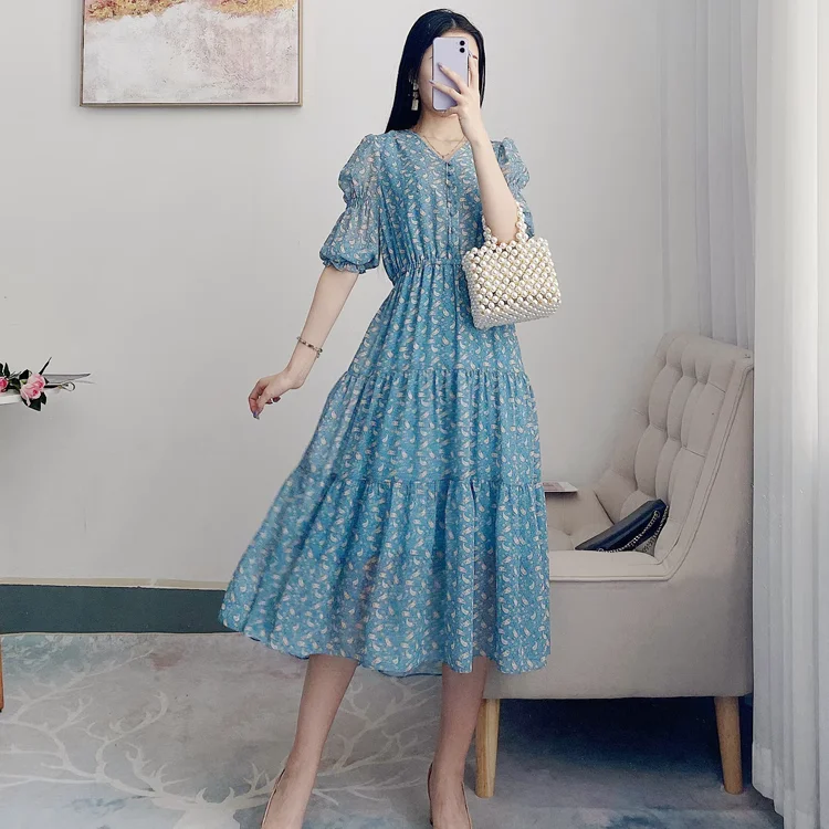 

Romantic Pure Floral Print Chiffon Dr with Elastic Waist Bubble Sves V-Ne Summer Midi Dr Women's Faion Commute