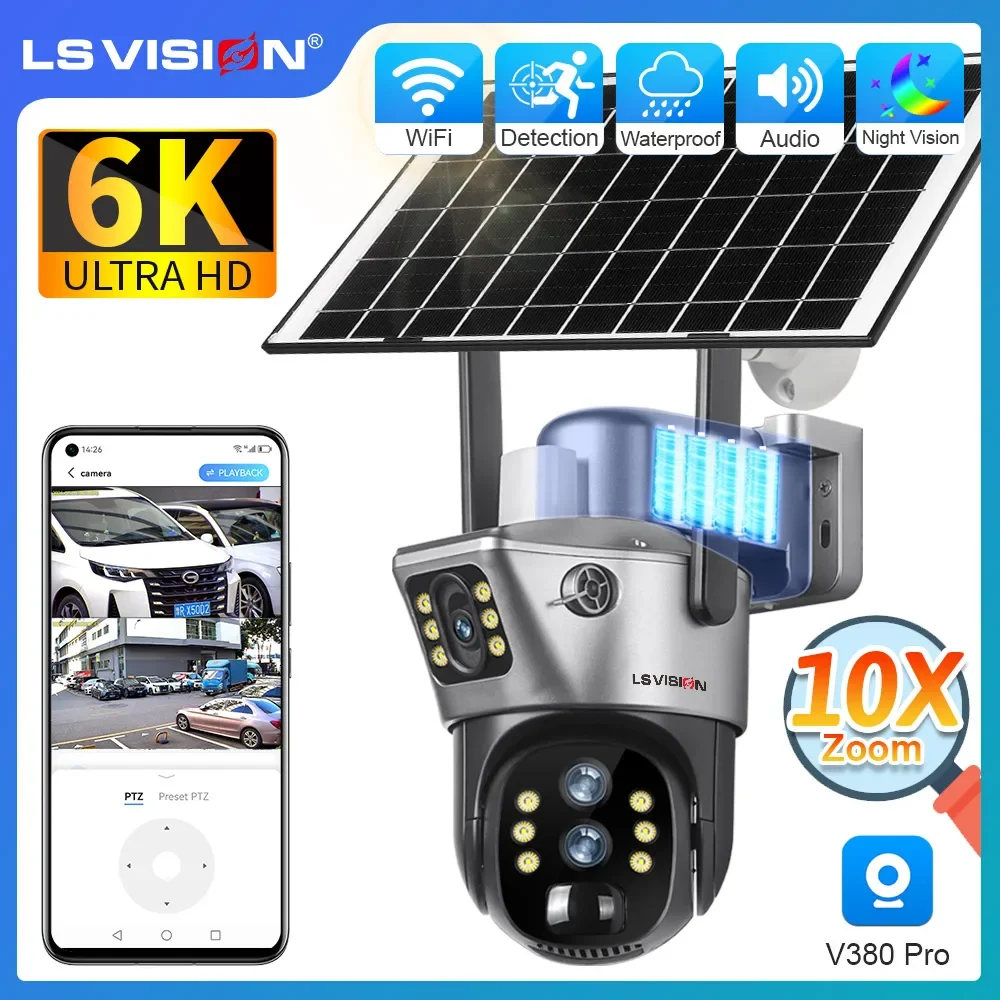 LS VISION 6K 10X Zoom WiFi Dual Screen Solar Security Camera Outdoor Three Lens PTZ Human Auto Tracking CCTV Camera V380 Pro APP