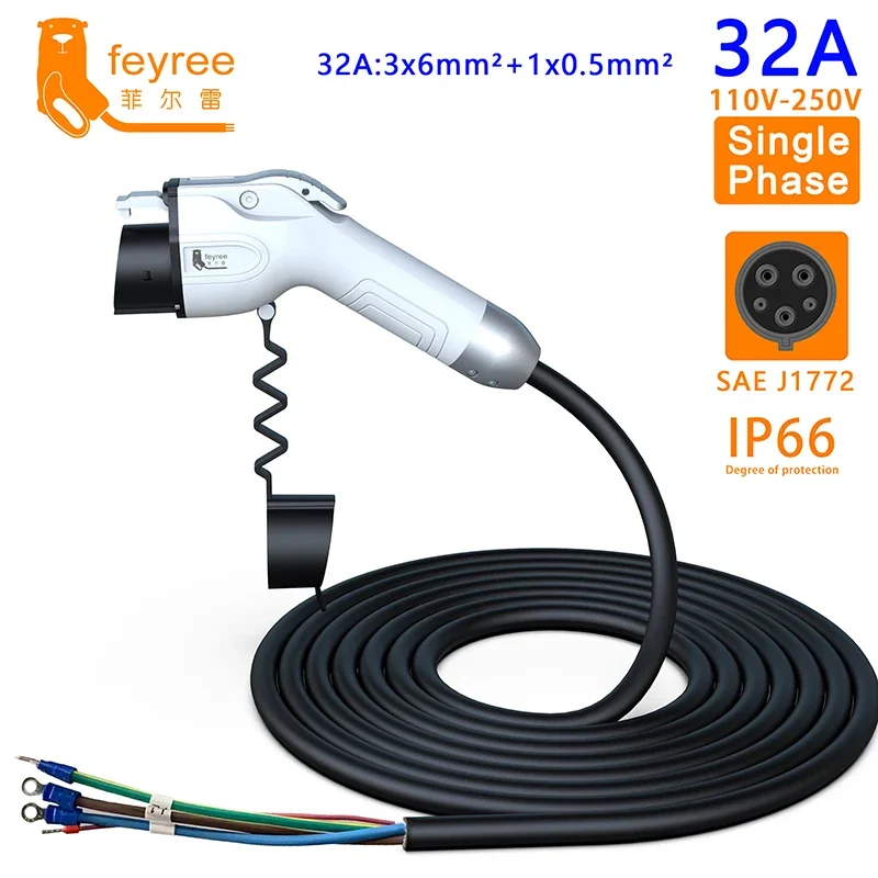 

feyree Type1 Plug J1772 Socket EV Charging Cable 5m Cord 32A 7KW 16A 3/5KW Single Phase for Car Charger Station Electric Vehicle