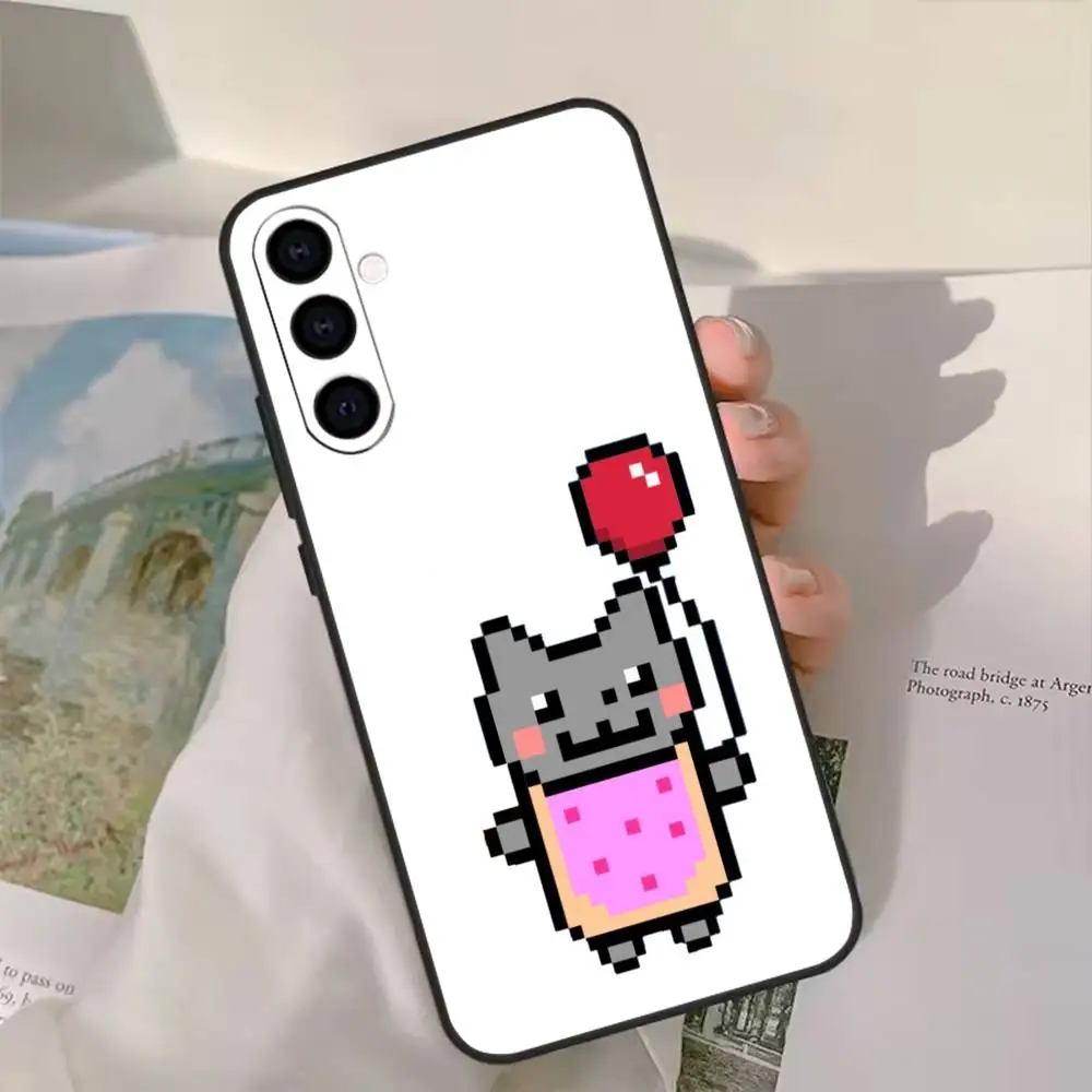 حافظة هاتف لطيفة N-Nyan C-Cat لهاتف سامسونج جالاكسي A20,21s,22,31,32,52,53,72,73,80,91 غلاف أسود ناعم