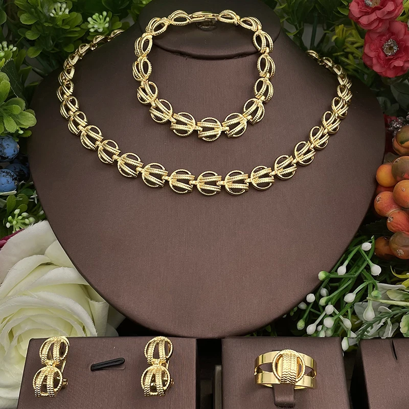 

Dubai Gold Color Jewelry Sets African 18K Gold Plated Necklaces Earrings Ring Bracelet Set Jewelry Luxury Wedding Party Gifts