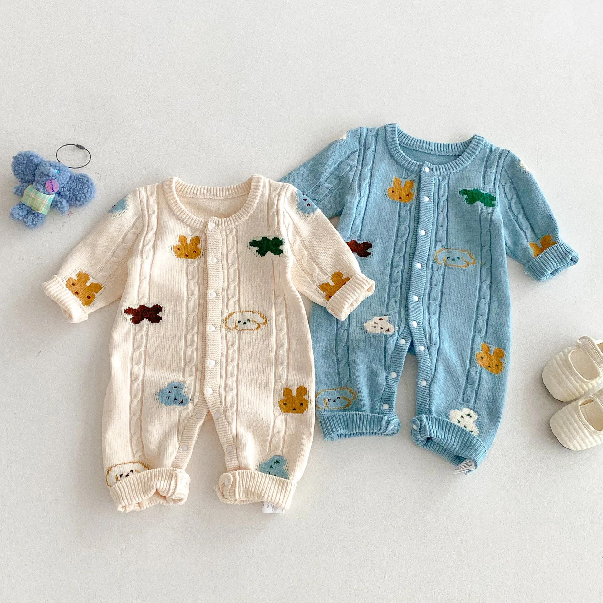 2025 Autumn New Baby Long Sleeve Knitted Rompers Newborn Knitwear Cartoon Print Jumpsuit Infant Girl Knit Clothes