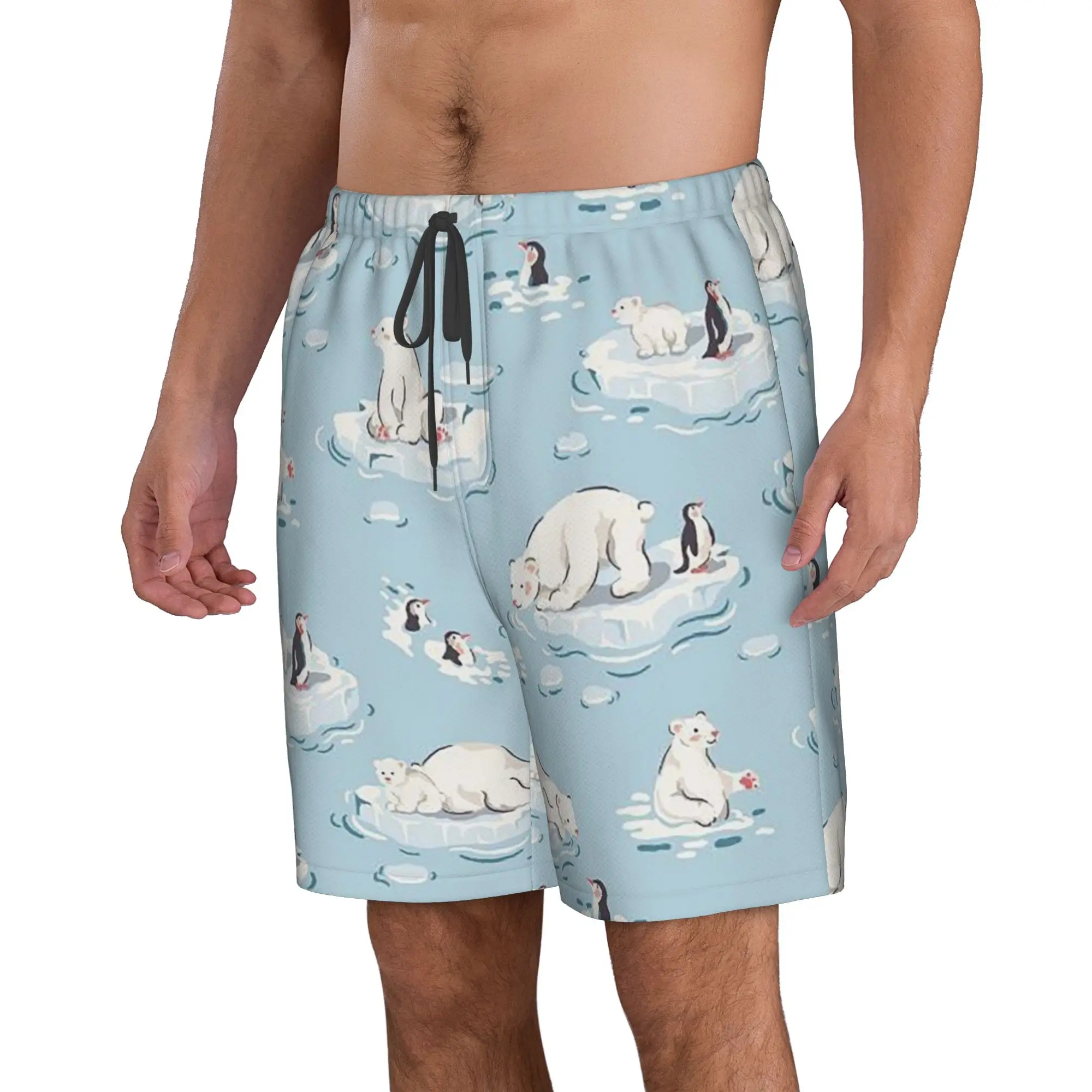 Polar Penguin Ice Surface Penguin Pattern Trunks Beach Board Shorts Casual Quick Dry Swim Summer Men Pants