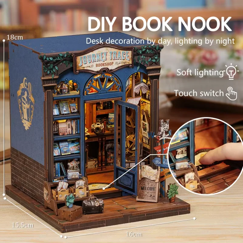 

CUTEBEE DIY Booknook Kit Миниатюрный кукольный домик со светлой книжной полкой Вставка Домашний декор Деревянная 3D-головоломка для книжного магазина Journey Trace