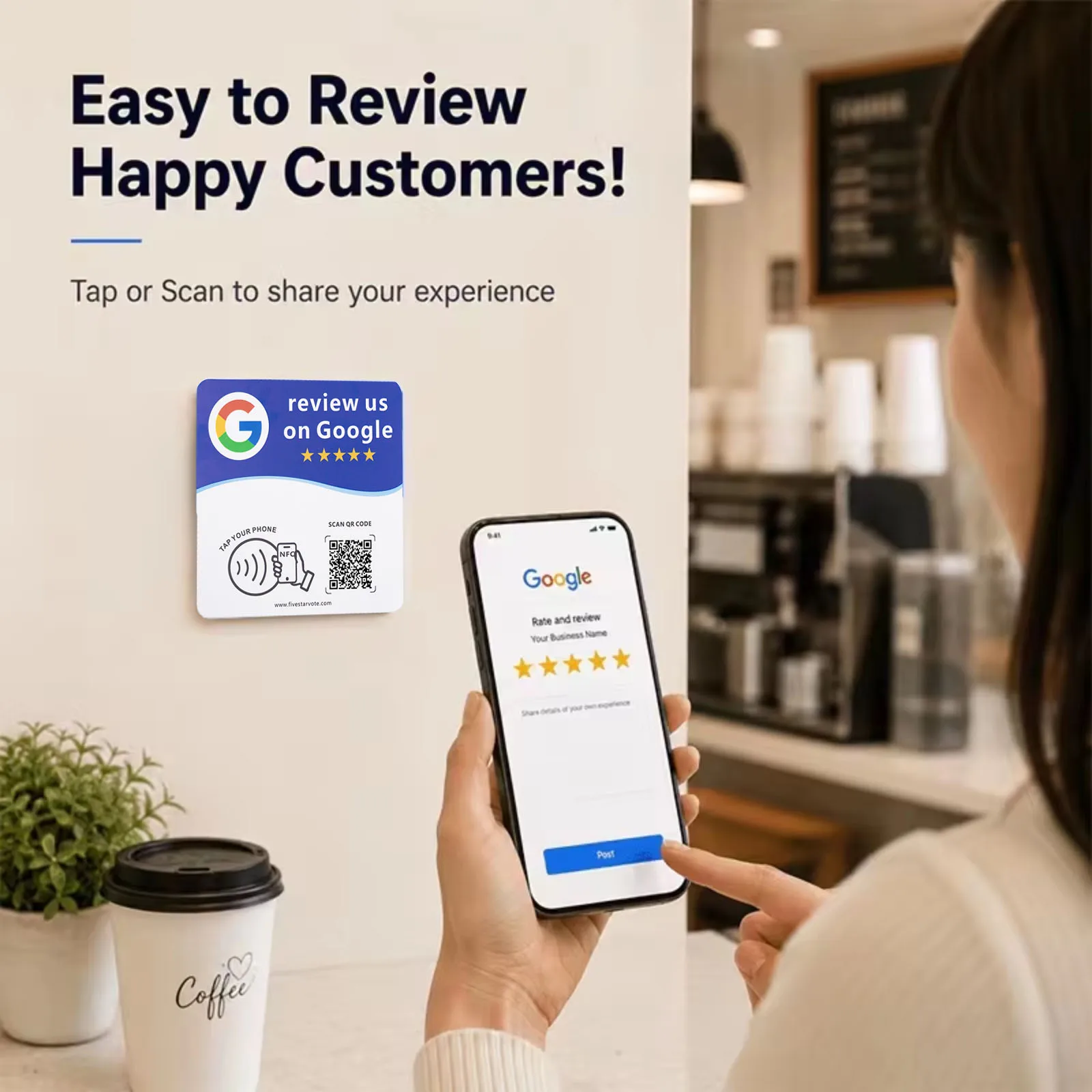 NFC 215 Google Review Card Stand Programmable Smart QR Code Desktop Display for Business Customer Feedback Restaurant Cafe