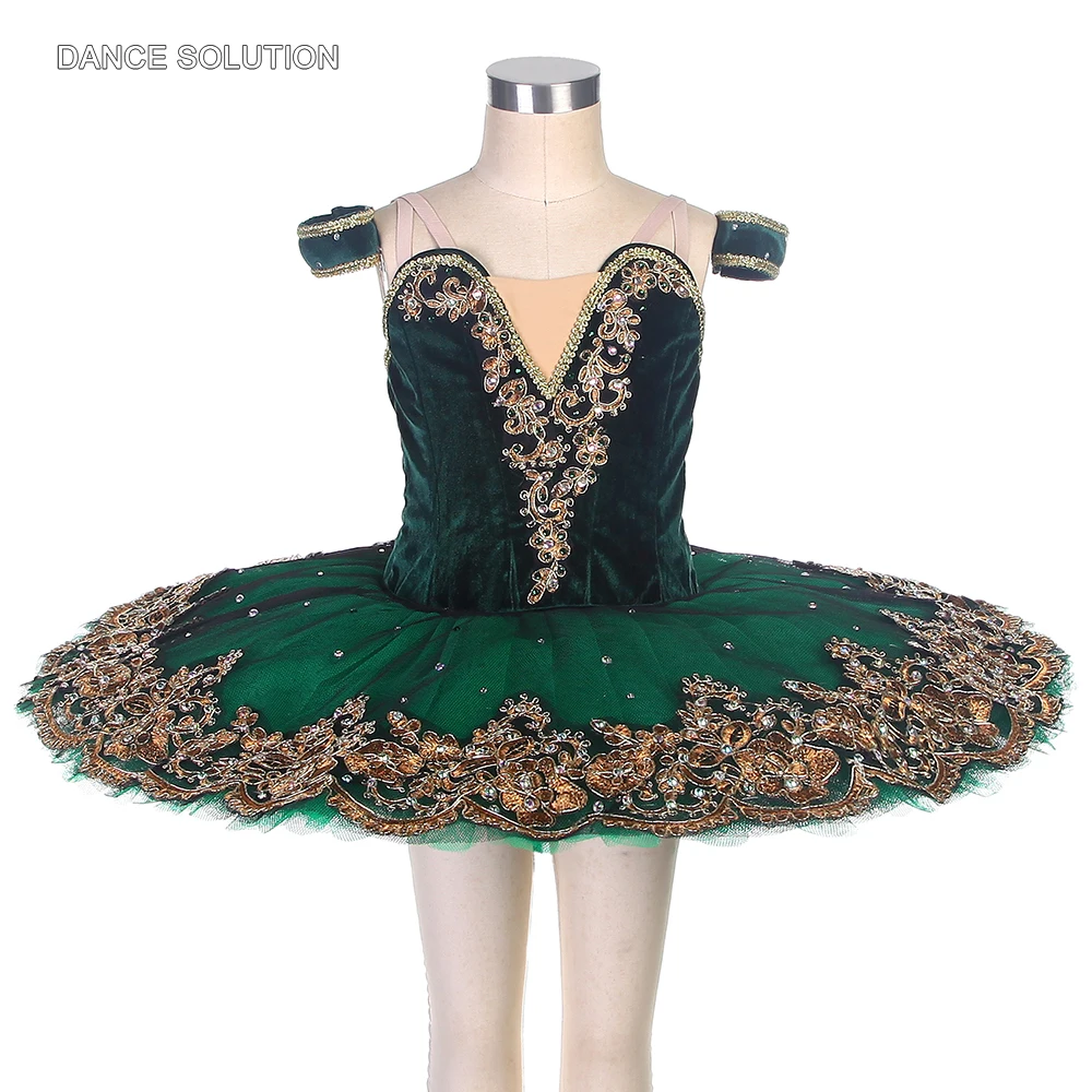 Green Velvet Bodice Ballet Pancake Tutu with Gold Trims Professional Ballet Costumes for Girls & Women Performance Dress B22099