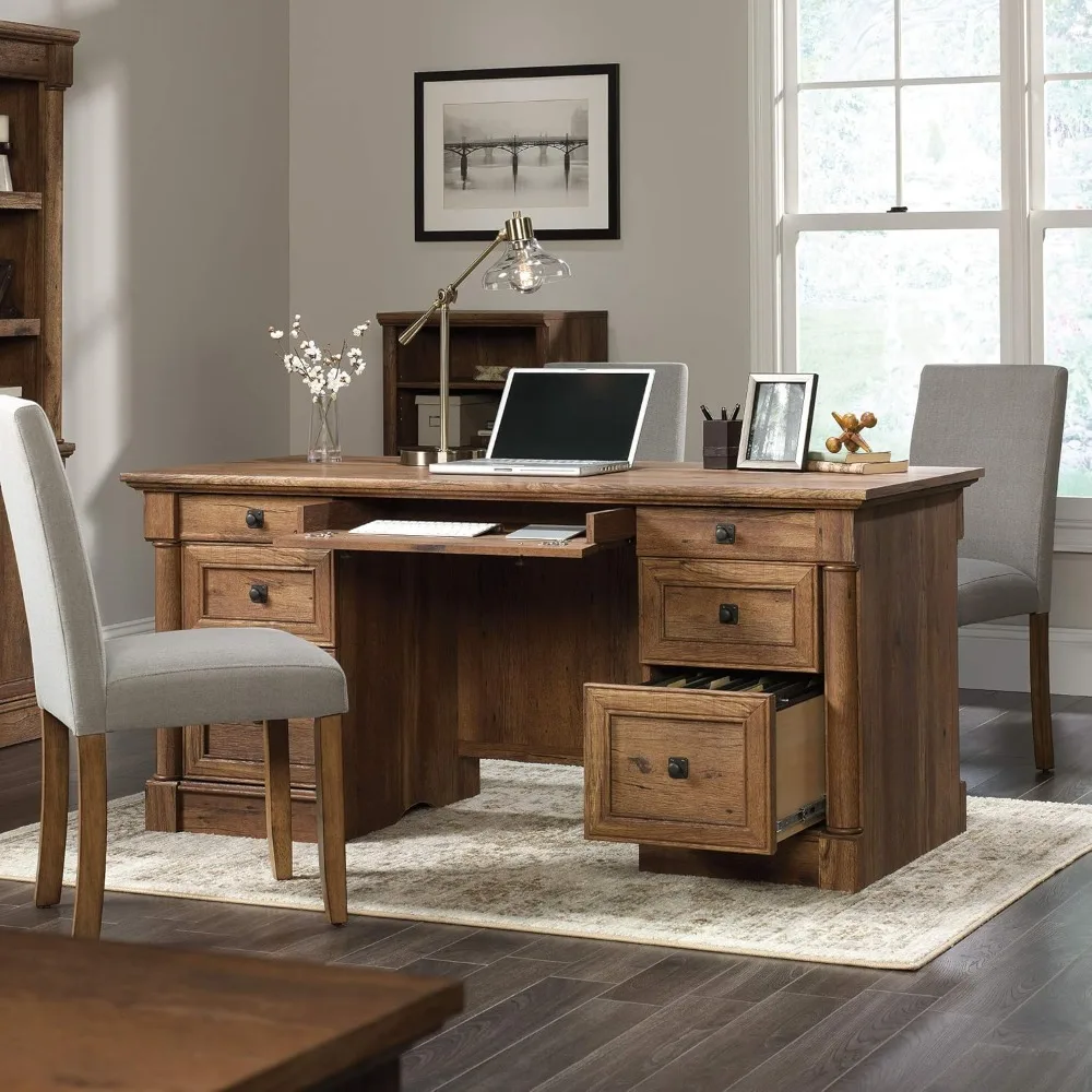 Executive Desk, 29.5"D X 65.1"W X 29.61"H, Vintage Oak Finish, Spacious Double Pedestal Desk