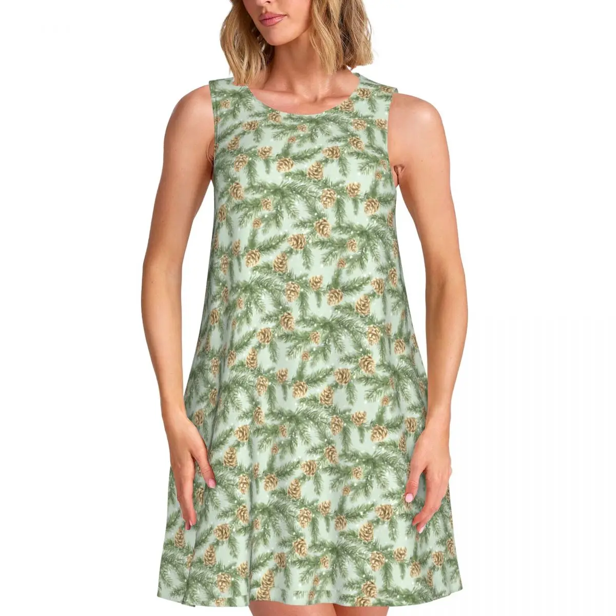 Pine Cones Tank Dress Pine Branches Street Style Dresses Sleeveless Night Club Dress New Arrival O Neck Women Pattern Clothing