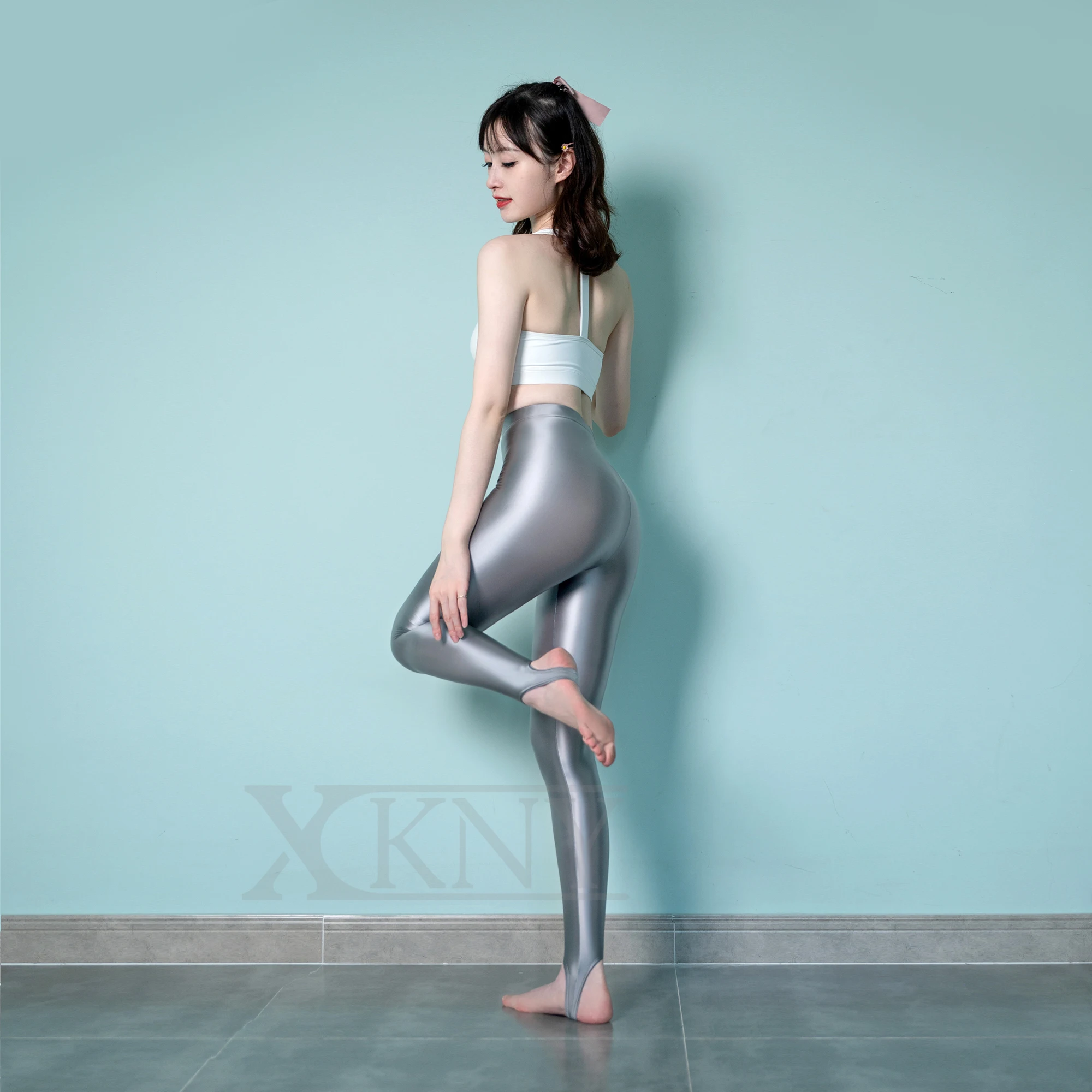 XClocKNYoung satin glossy front Seamless opaque Foot socks shiny wet look tights pantyhose slim yoga sport satin glossy pants