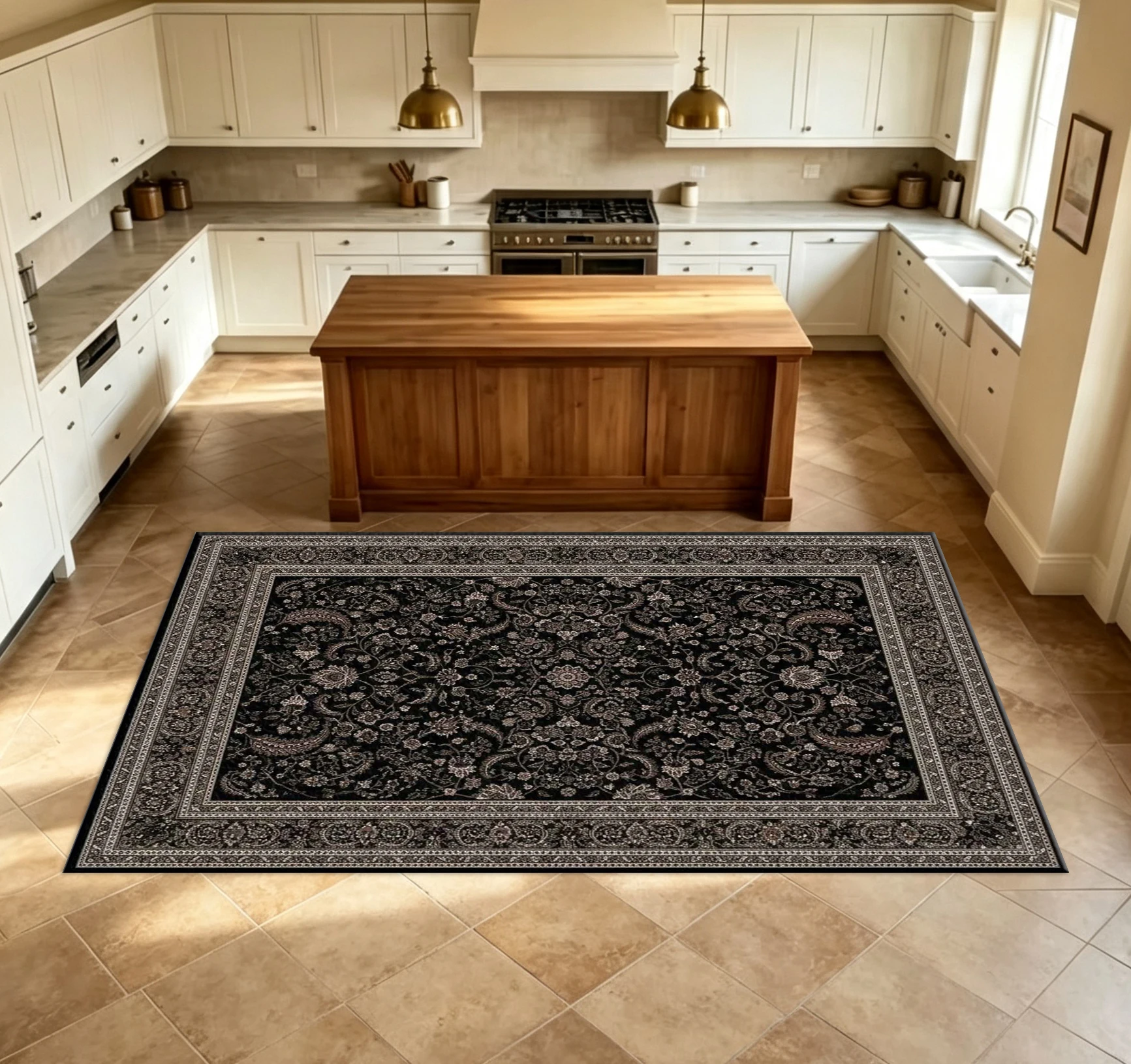 Classic Black Persian Floral Carpet, Vintage Oriental Luxurious Floral Border Print Rug, Luxurious Indoor Bedroom Carpet