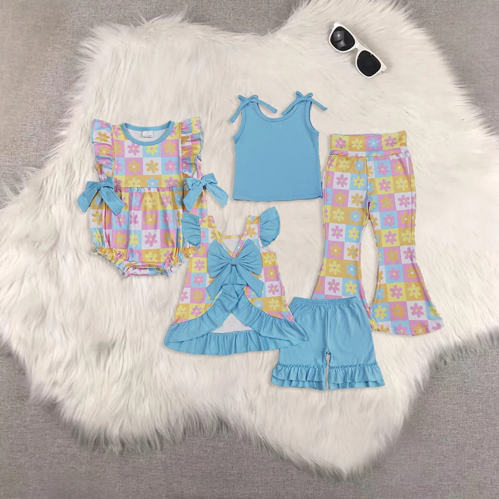 

GSPO2017 Wholesale Summer RTS kids clothes girl Pure blue sleeveless floral colored plaid pants sets Boutique baby girl clothes
