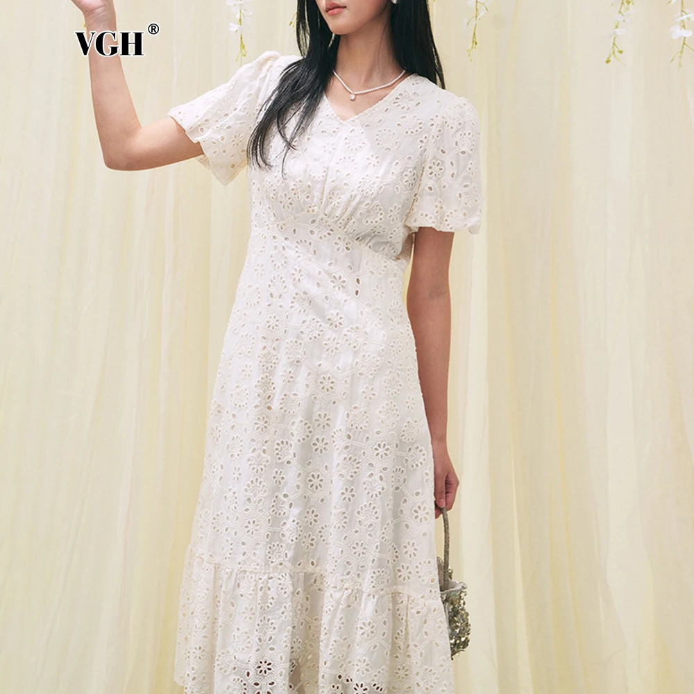 

VGH Solid Elegant Hollow Out Long Dress for Women V Neck Short Sleeves High Waist Temperament Dresses Female Fashion Style New