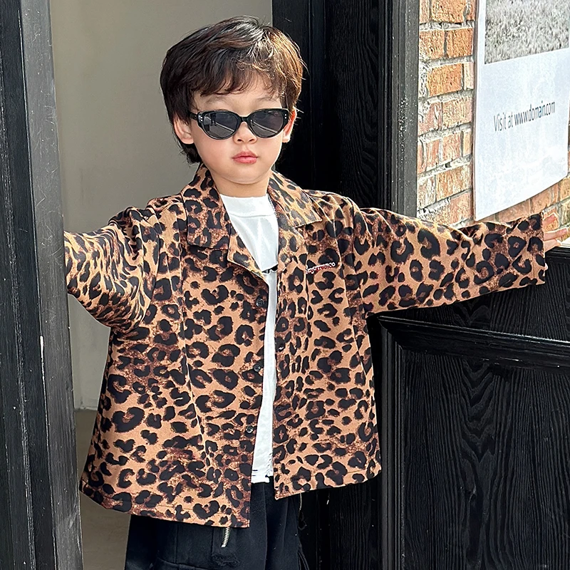 Autumn Children Leopard Print Denim Jacket for Baby Boy 2 3 4 5 6 7 8 9 10 11 Years Kids Casual Vintage y2k Coat Hiphop Outfit