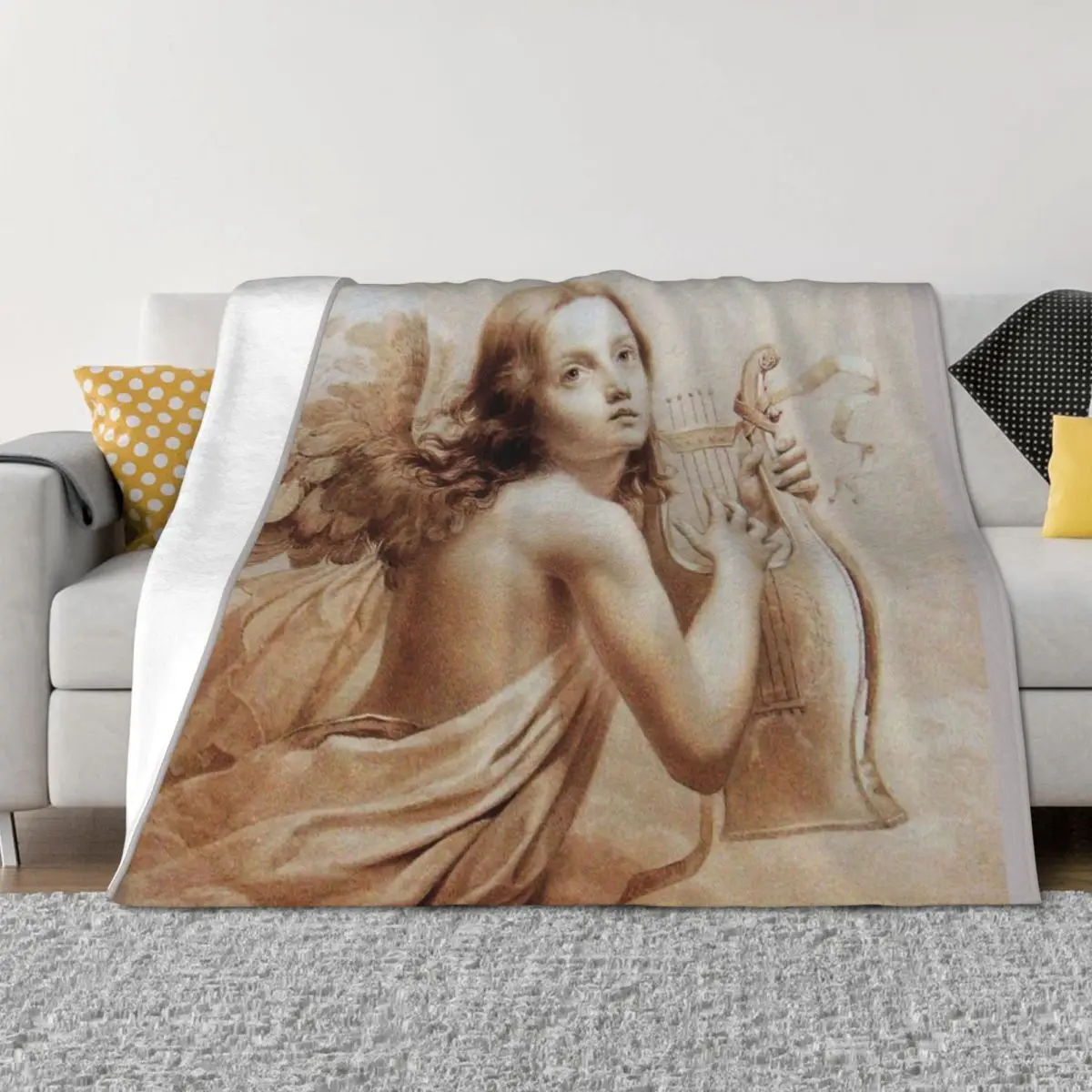 

ANGEL PLAYING LYRA OVER THE CLOUDS IN BROWN SEPIA Throw Blanket Bed Comforter Cute Stuffeds Blankets