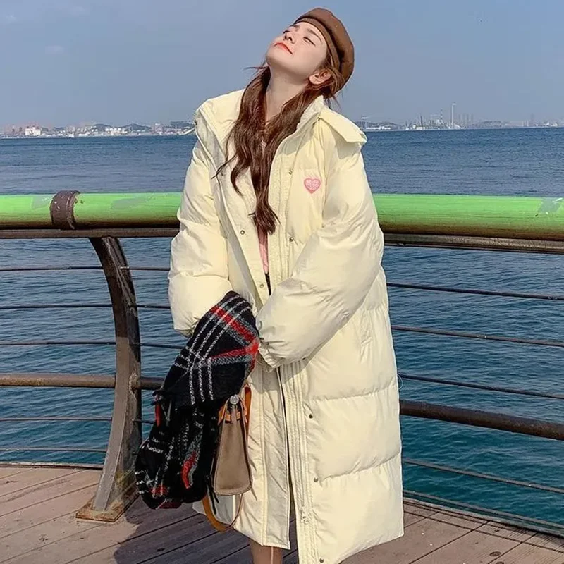 Women Korean Style Hooded Sweet Love Cotton Coats Autumn And Winter Windproof Thickened Warm Casual Over The Knee Parkas Jackets