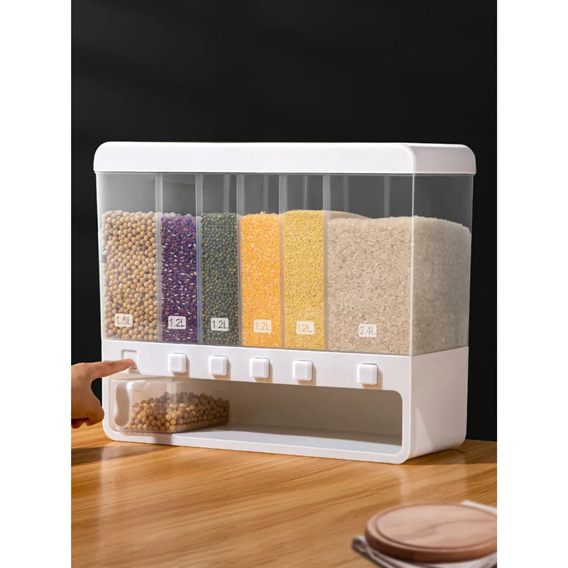 Home Cereals Dispenser 6 Compartment Storage Jar Sealed Rice Storage Box Grain Dry Food Tank Kitchen Moisture Storage Organizer