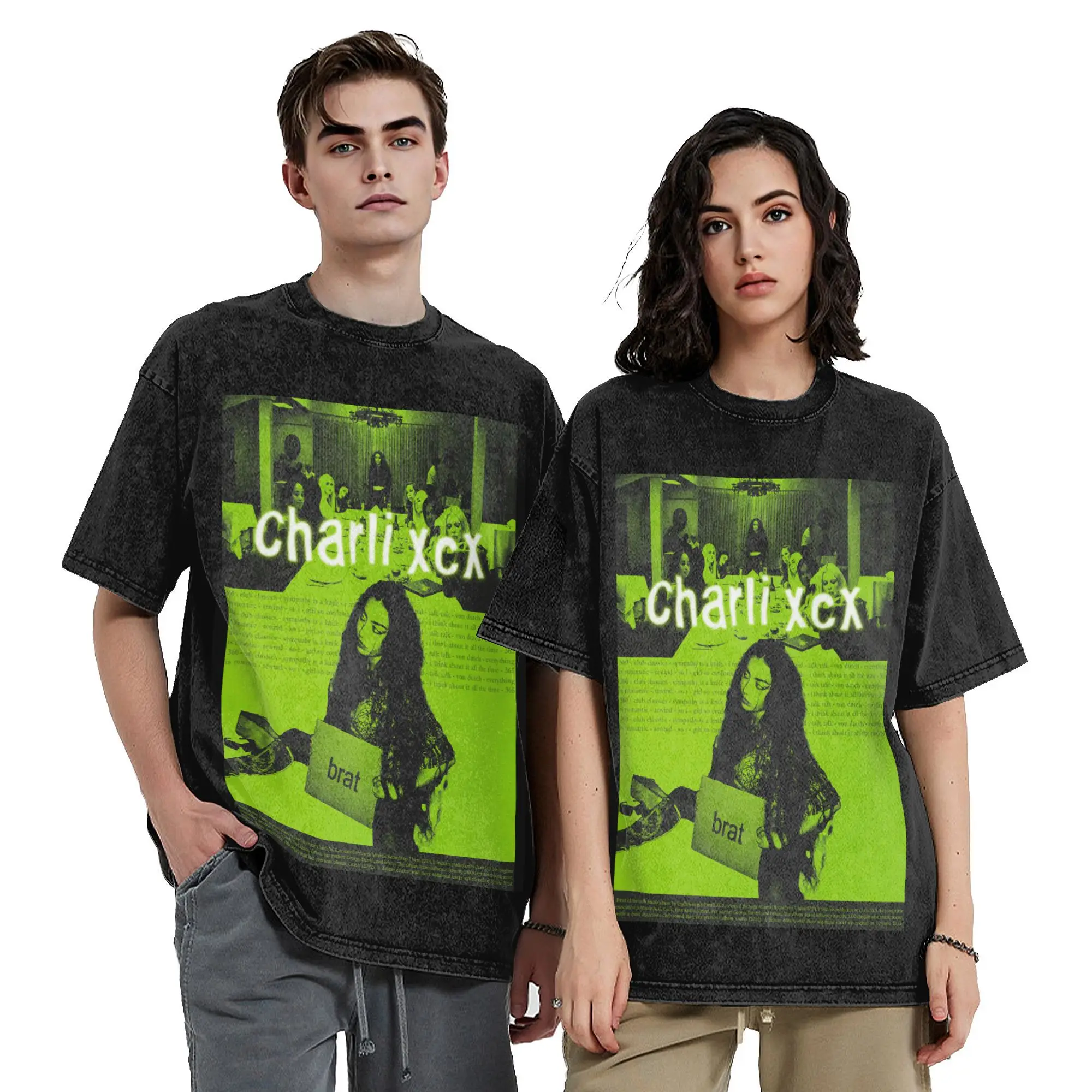 Men Women Vintage Washed T-shirts Charli XCX Brat Print T Shirt Accessories Harajuku  Tees