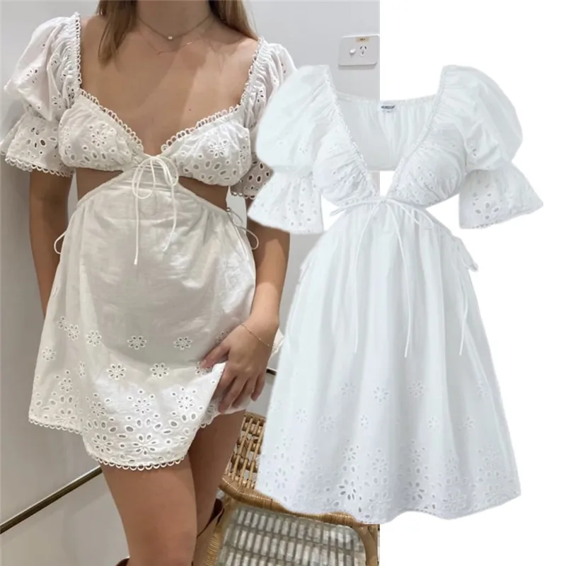 Sexy uitgehold ontwerp Pure kleur ort Dr Kanten rand Zwaar borduurwerk V Ne Hoge taille een lijnrok Street Sle Bubble S...