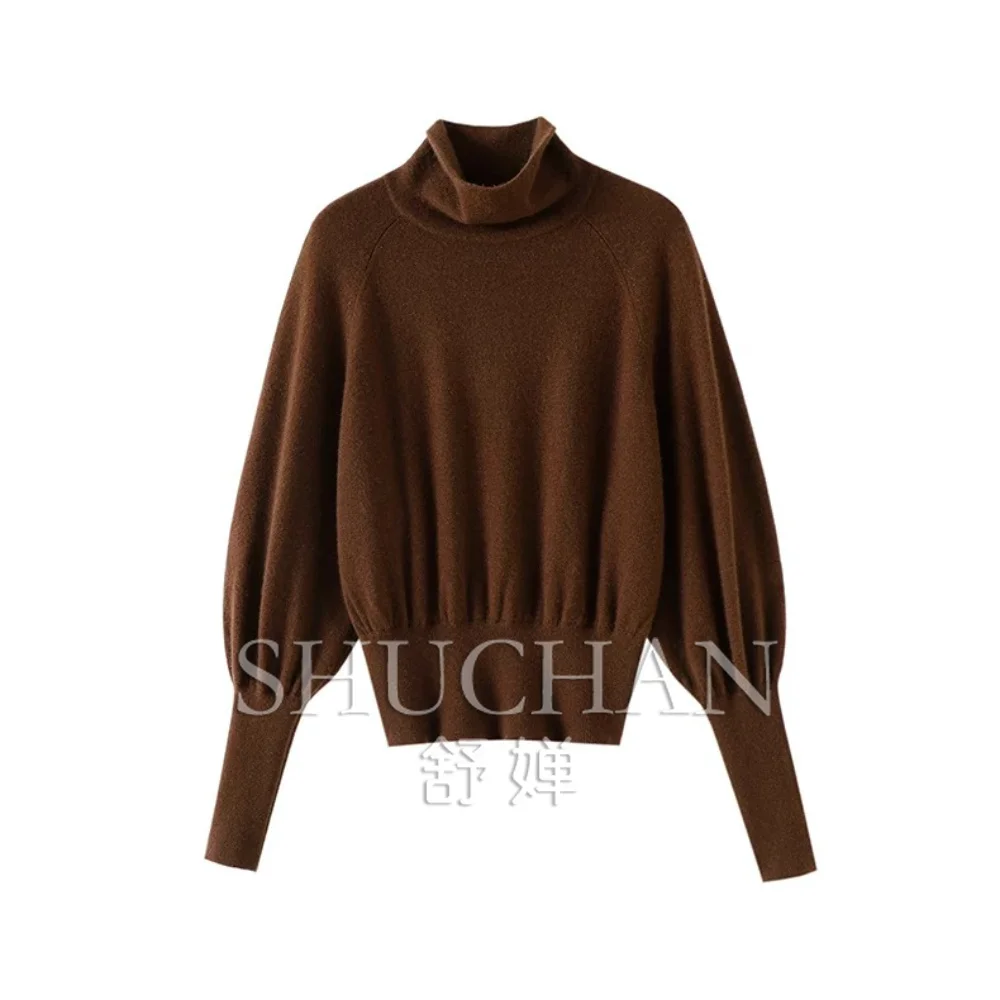 New Warm Pullover Turtleneck 250g 100% Pure Cashmere Shirt Women's Waist Bat Sleeve Bottoming Sweater Autumn and Winter