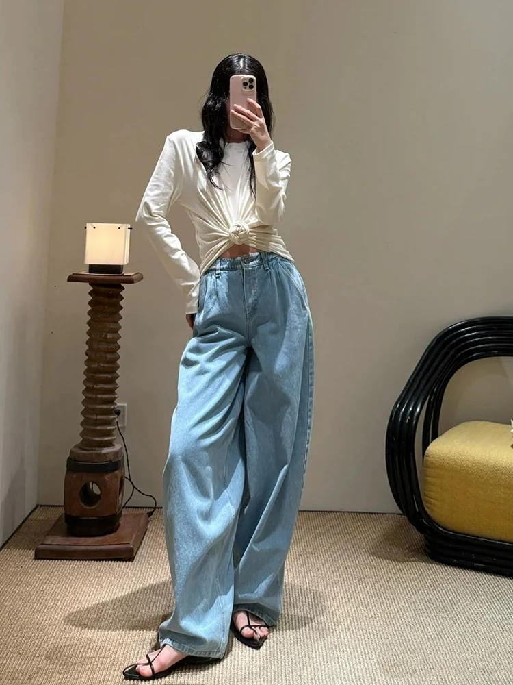 Waist-twisting long-sleeved base shirt for women, round neck, fitted with pleats and elastic, stylish and slimming T-shirt
