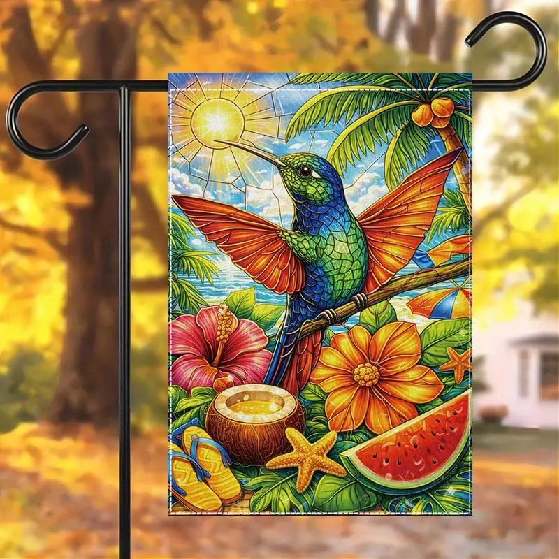 Vibrant Hummingbird Garden Flag, 12x18 inch Tropical Outdoor Decor with Beach Scene Elements, Suitable for Patio and Outdoor uui