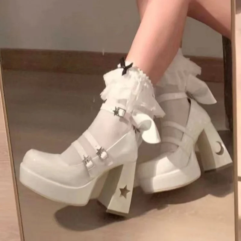 Comem Platform Heels Mary Jane Shoes Star Buckle Strap Women Cross-tied Pu Leather Girls Rivet Casual Shoe Kawaii Pumps Lolita