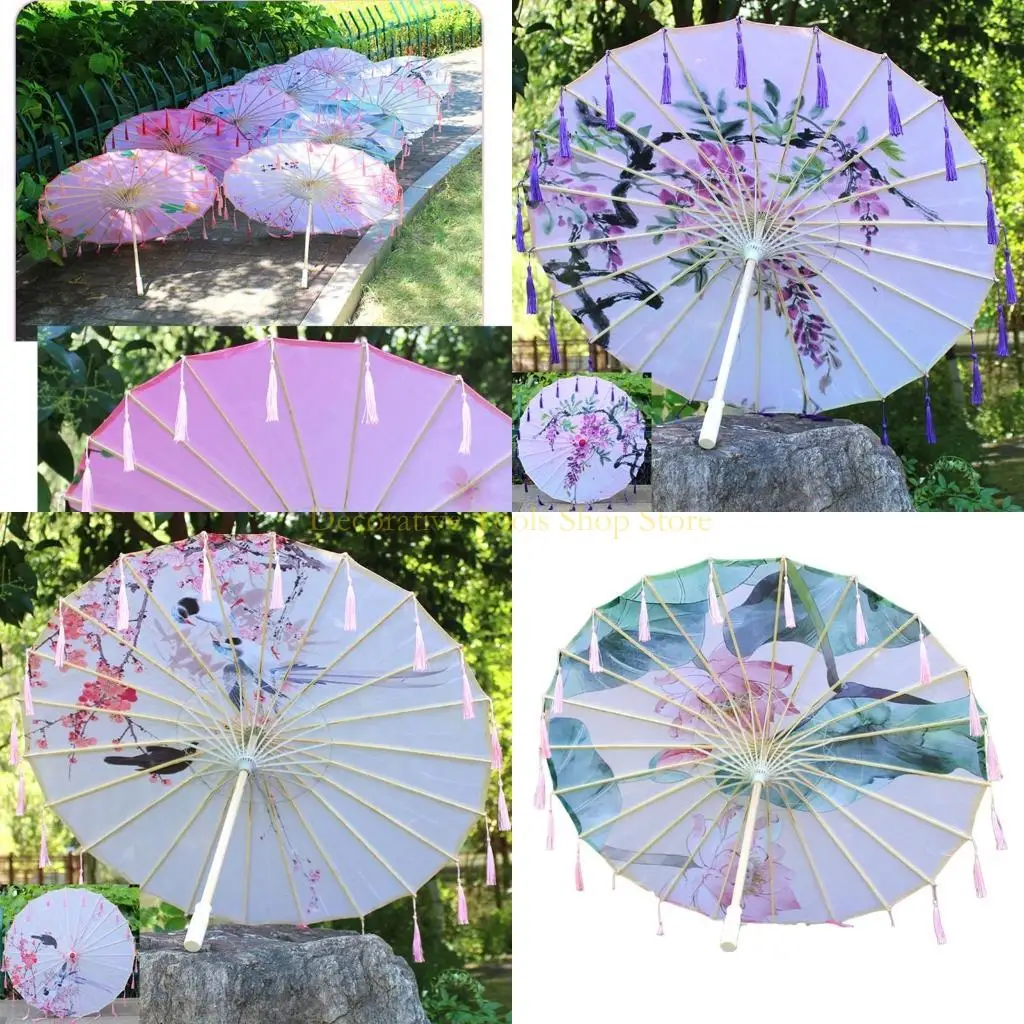 QX2E Handmade Umbrella Chinese Umbrella Dance Umbrella Tassels Umbrella Silk Umbrella for Wedding