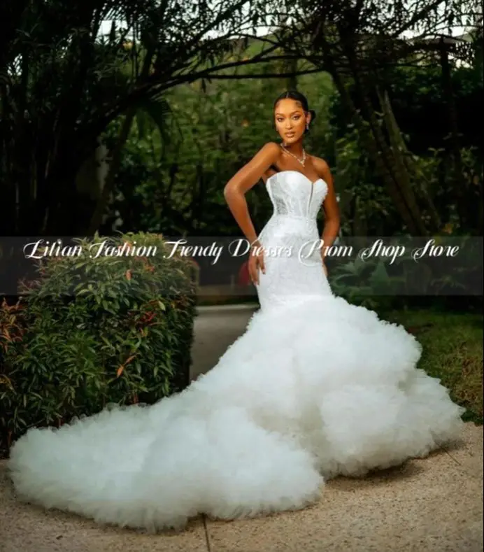 Sexy African Mermaid Wedding Dress 2025 Luxury White Sweetheart Sheath Lace Applique Cathedral Train Custom abendkleider