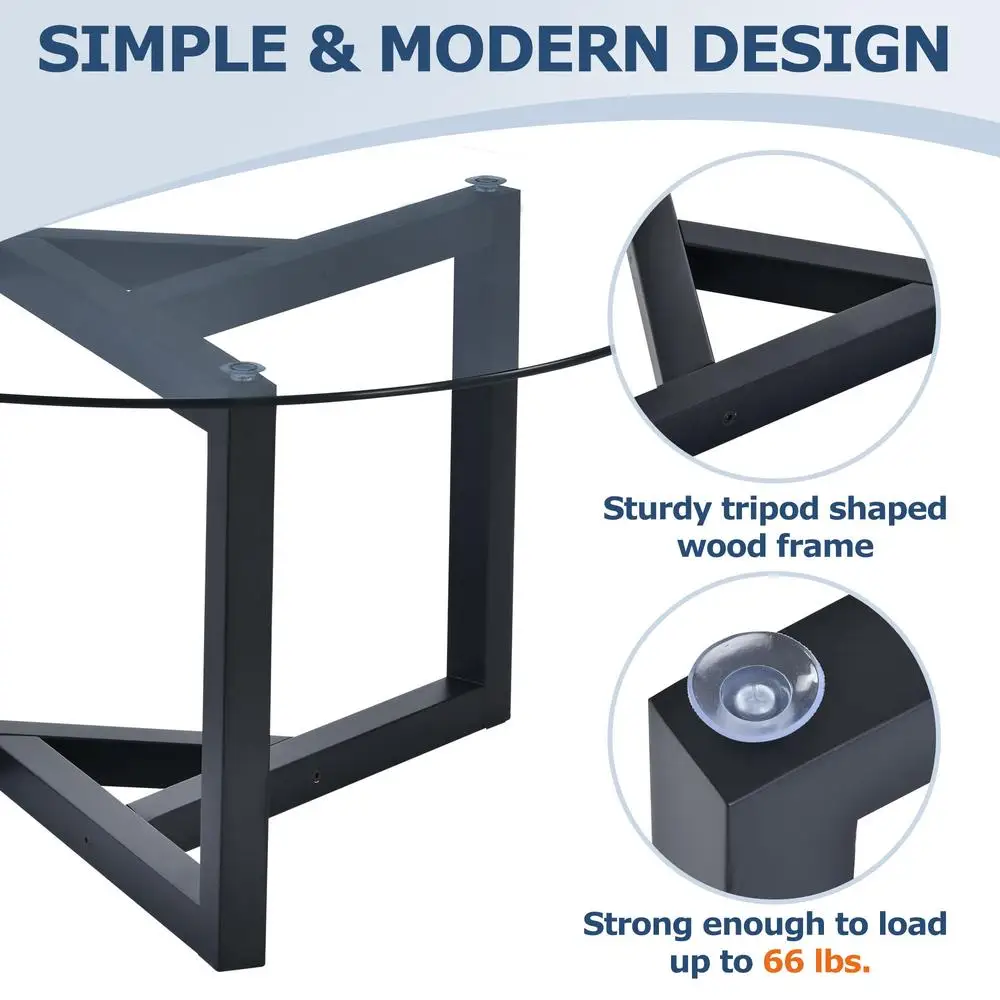 Mesa de centro redonda moderna de vidro com tampo de vidro temperado Mesa de coquetel com base de madeira resistente e fácil montagem preta