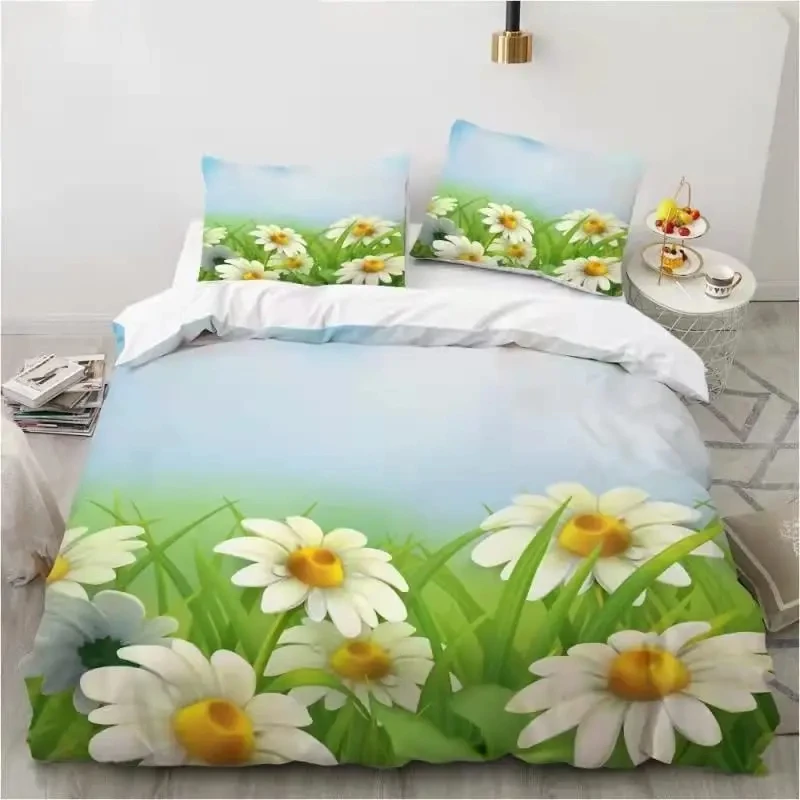 Daisy Floral Duvet Cover Twin Queen King Size Natural Theme Farmhouse Botanical Bedding Set Spring Garden Floral Comforter Cover