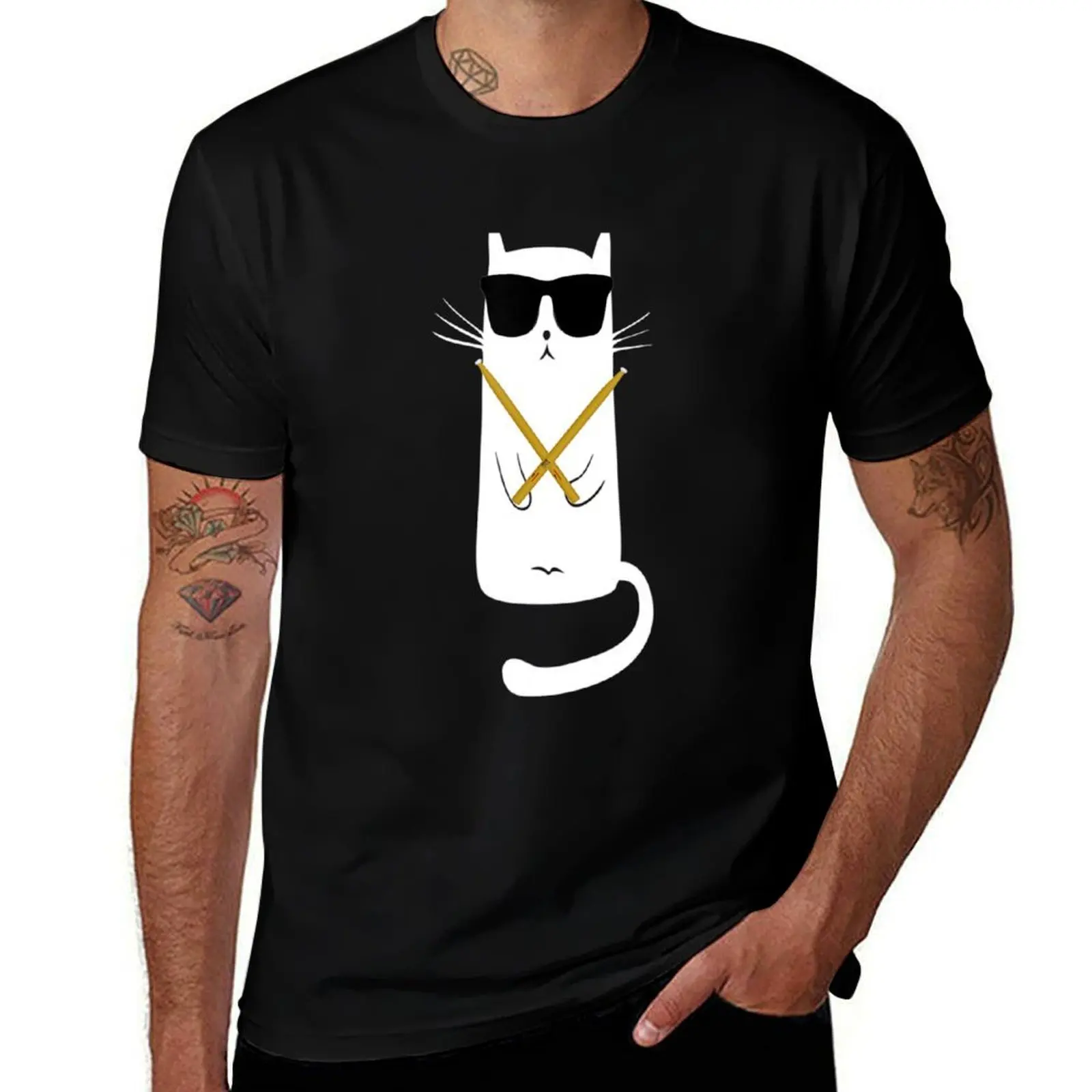Funny Cat Wearing Sunglasses Playing Drums Drummers T-Shirt Relaxed Casual Short Sleeve Tee T-Shirt