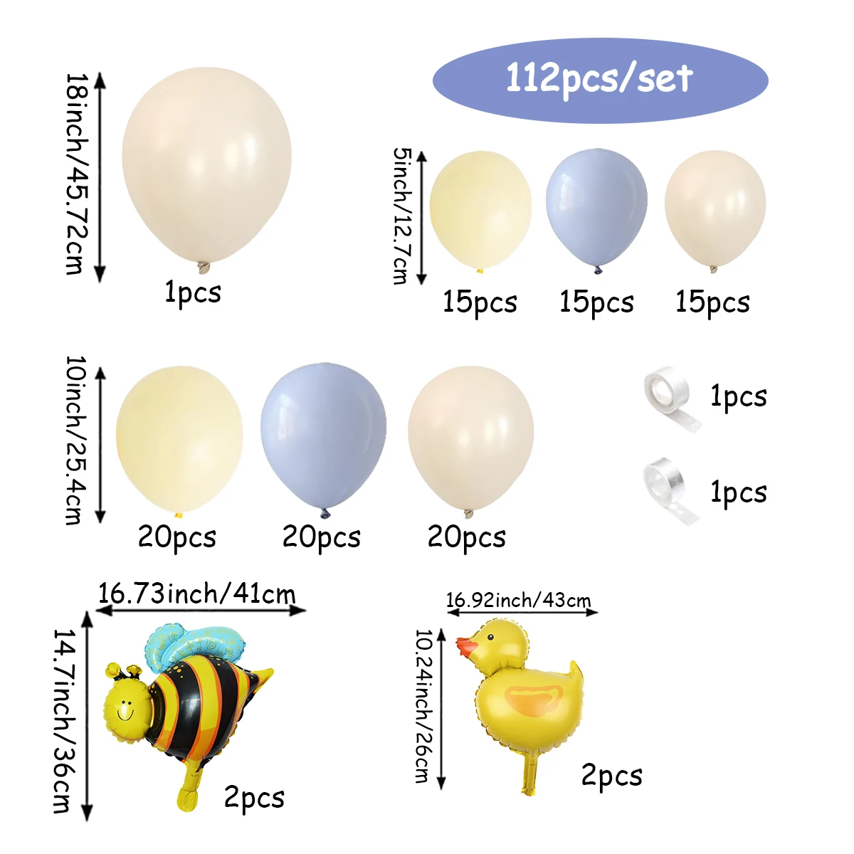 112pcs Yellow Blue White Bee Duckling Balloon Garland Set, Suitable for First Birthday Party, Photo Scene Decoration, Bath Decor