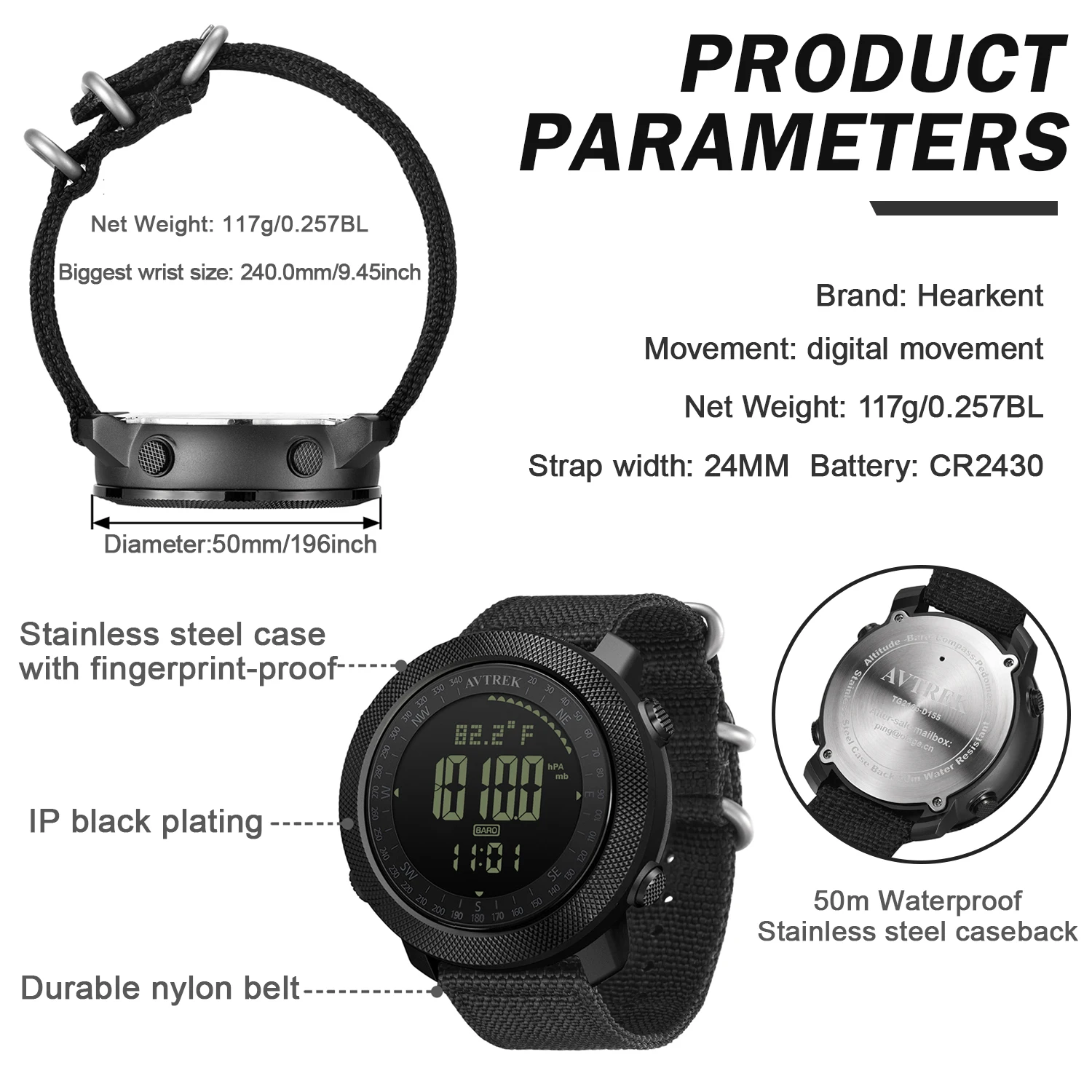 Avertk Men's Sport Digital Watch Running Military Watches Outdoor Compass Altimeter Barometer Watch waterproof 50m Wristwatches