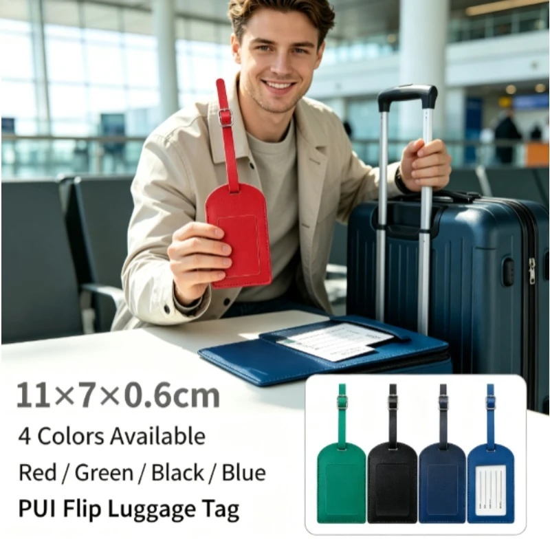 Thick PU Leather Luggage Tag with Metal Buckle & Storage Pouch, Free Blank Name Card Airplane Boarding Label