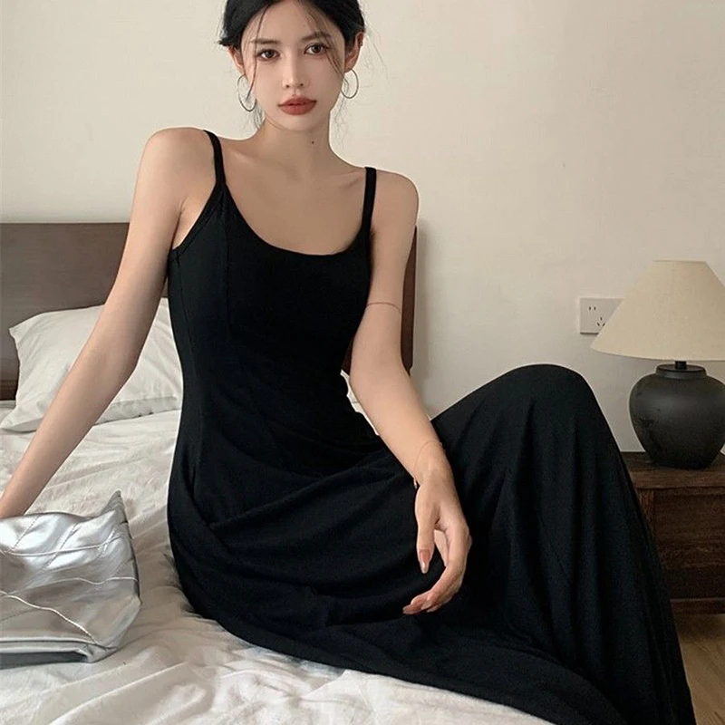 Rimocy-女性のセクシーなローカラースパゲッティストラップドレス、スリムフィット、ロングビーチドレス、ノースリーブマキシサンドレス、ボタン、ブラック、2022