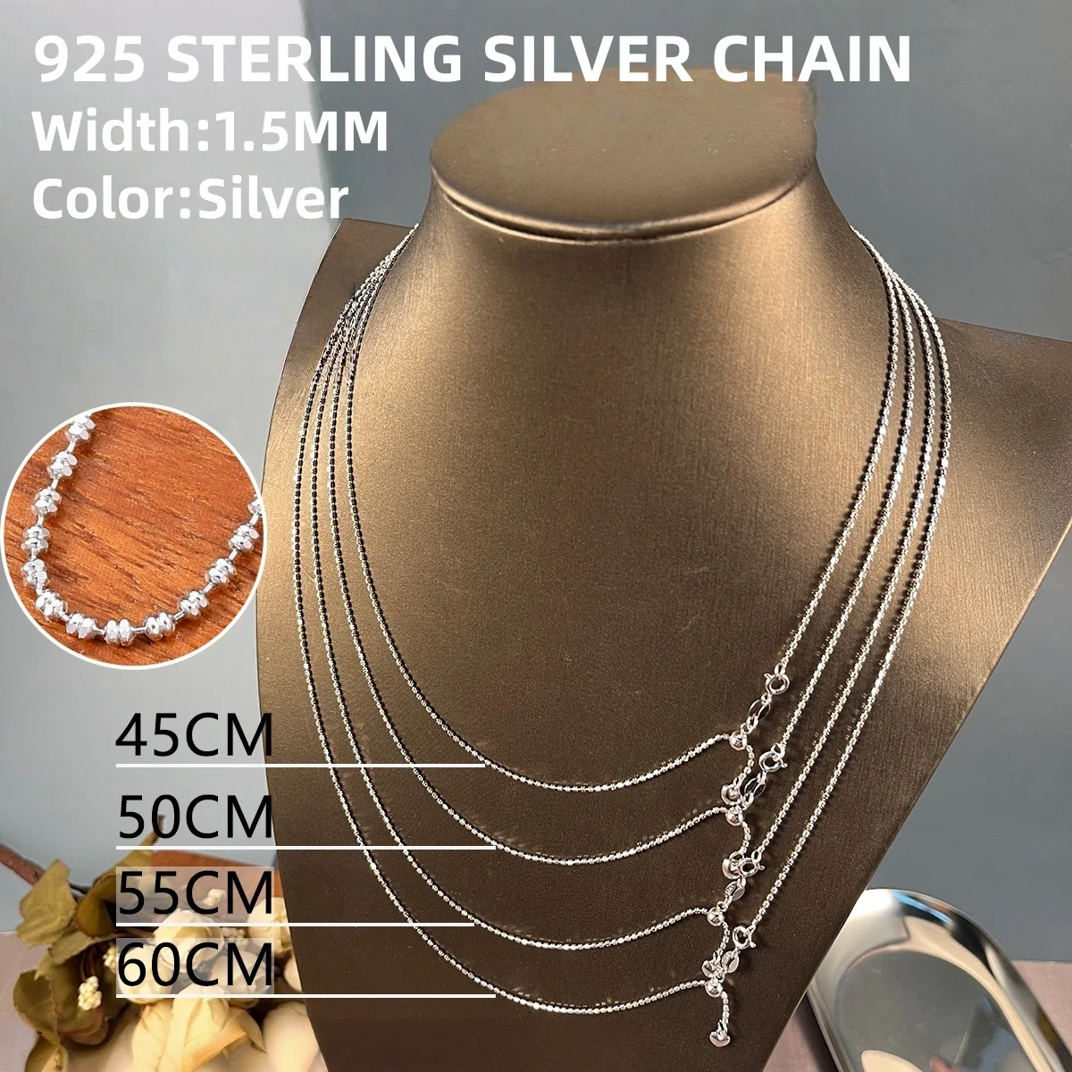 GEEZENCA 925 Sterling Silver Italian 1.5MM Adjustable Diamond Cut Bead Bolo Chain Necklace For Women Thin Slider Necklaces