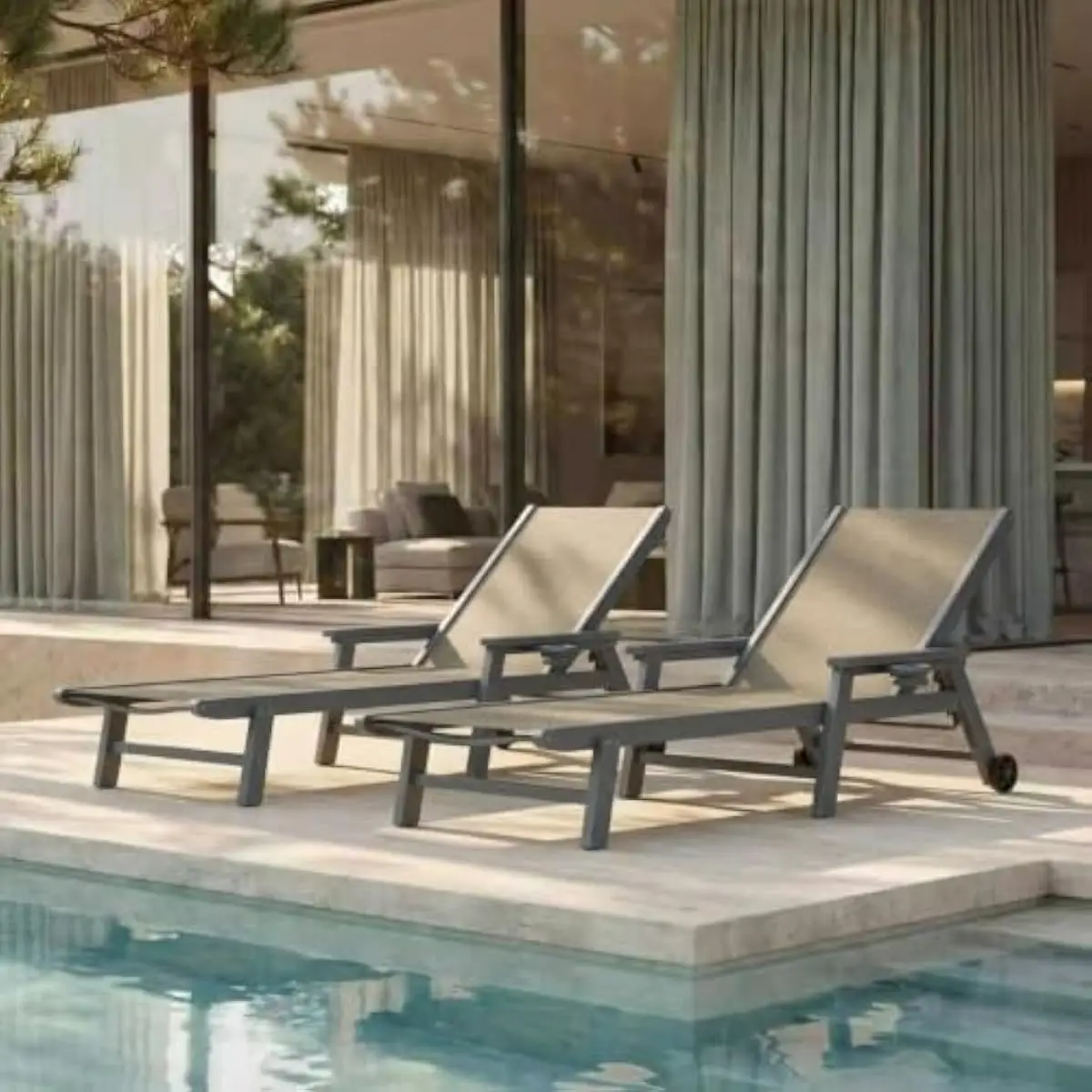 Outdoor HDPE Chaise Lounges Dual Pack with Textilene Mesh Sling Breathable Ergonomic Recline Adjustable 5-Position Backrest Smoo