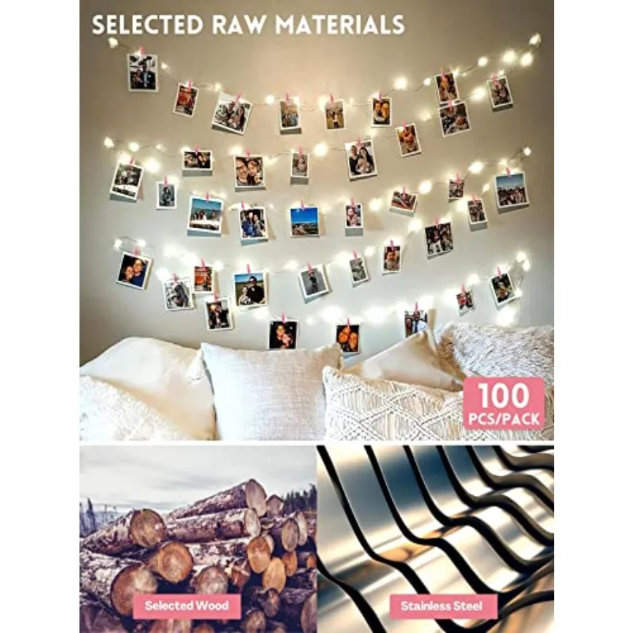 Mini Clothes Pins for Photo, Sturdy Natural Wooden Clothespins 150 Pcs 1 Inch with 33 FT Jute Twine, Small Clips for Crafts Dis