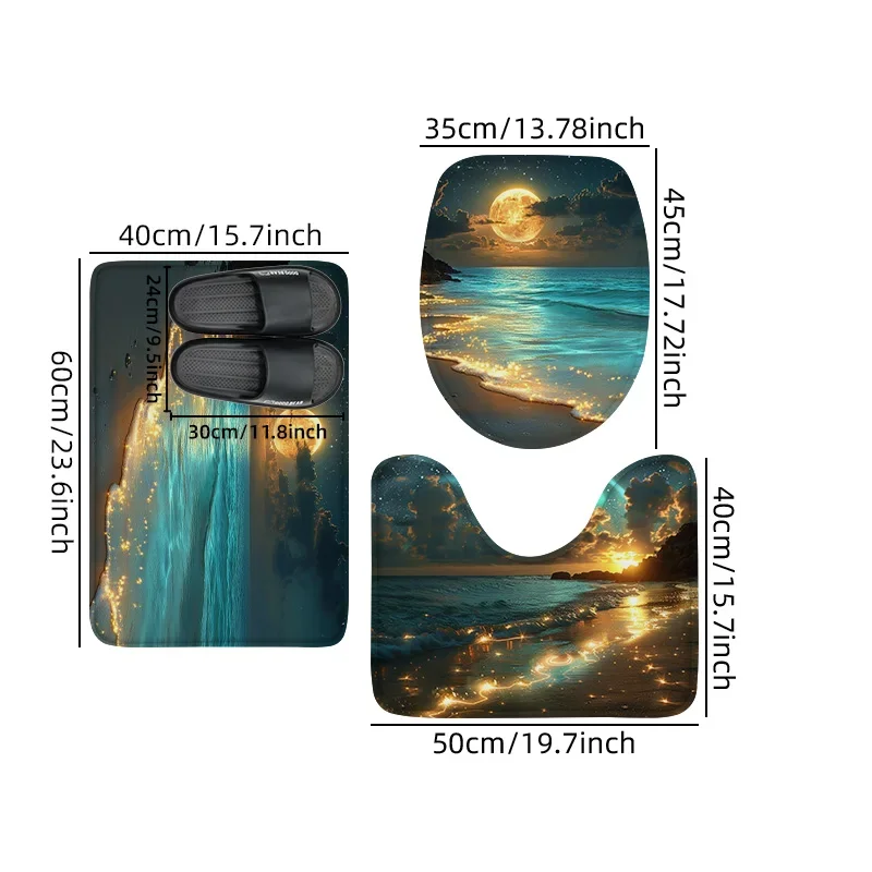 3-piece beach sunset bathroom carpet bathroom set, small carpet flannel toilet cover, 3-piece bathtub water absorbing foot pad