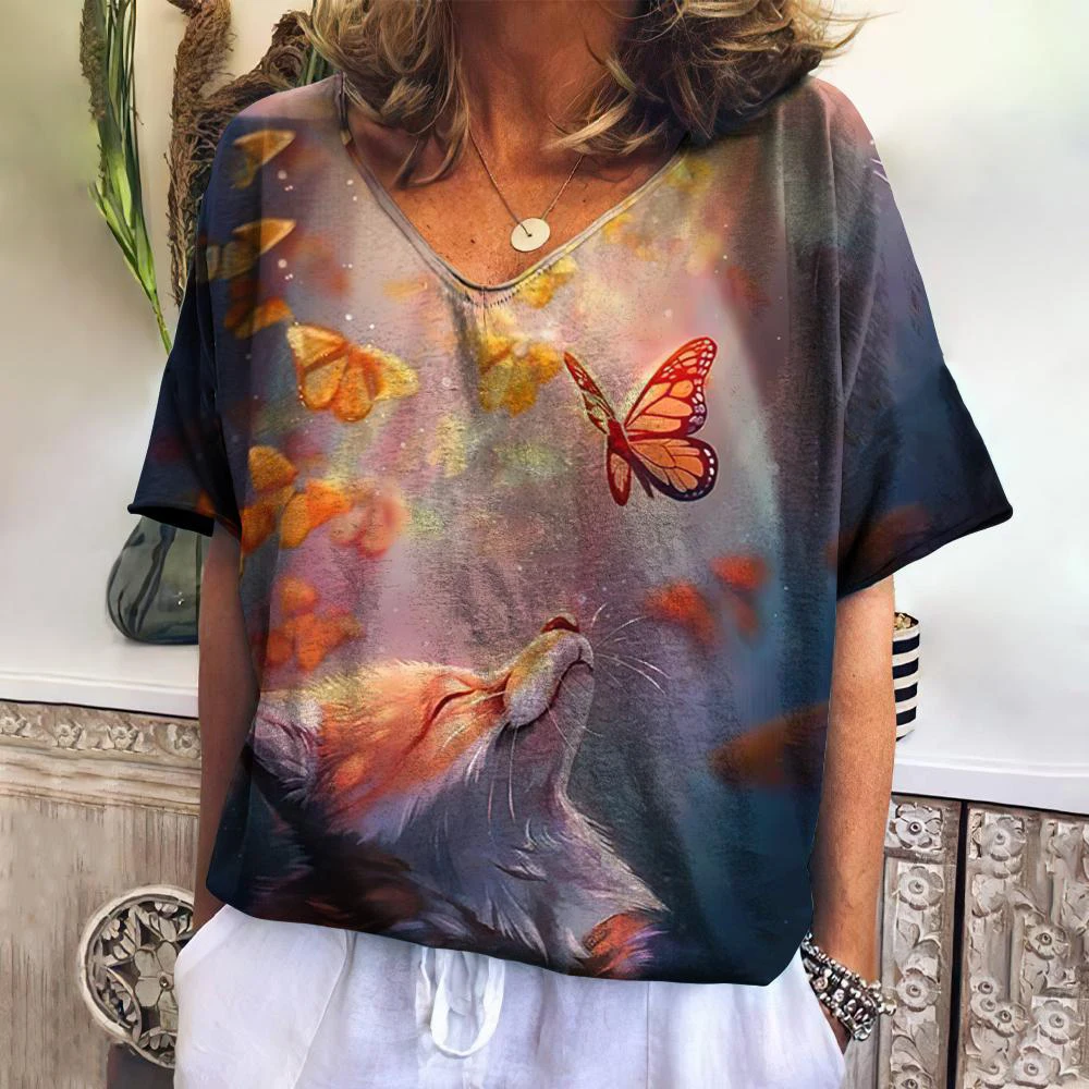 Cartoon Fox 3D 프린트 티셔츠 여성 빈티지 v 넥 반팔 티셔츠 Y2K 동물 티셔츠 오버 사이즈 하라주쿠 탑 여성 의류