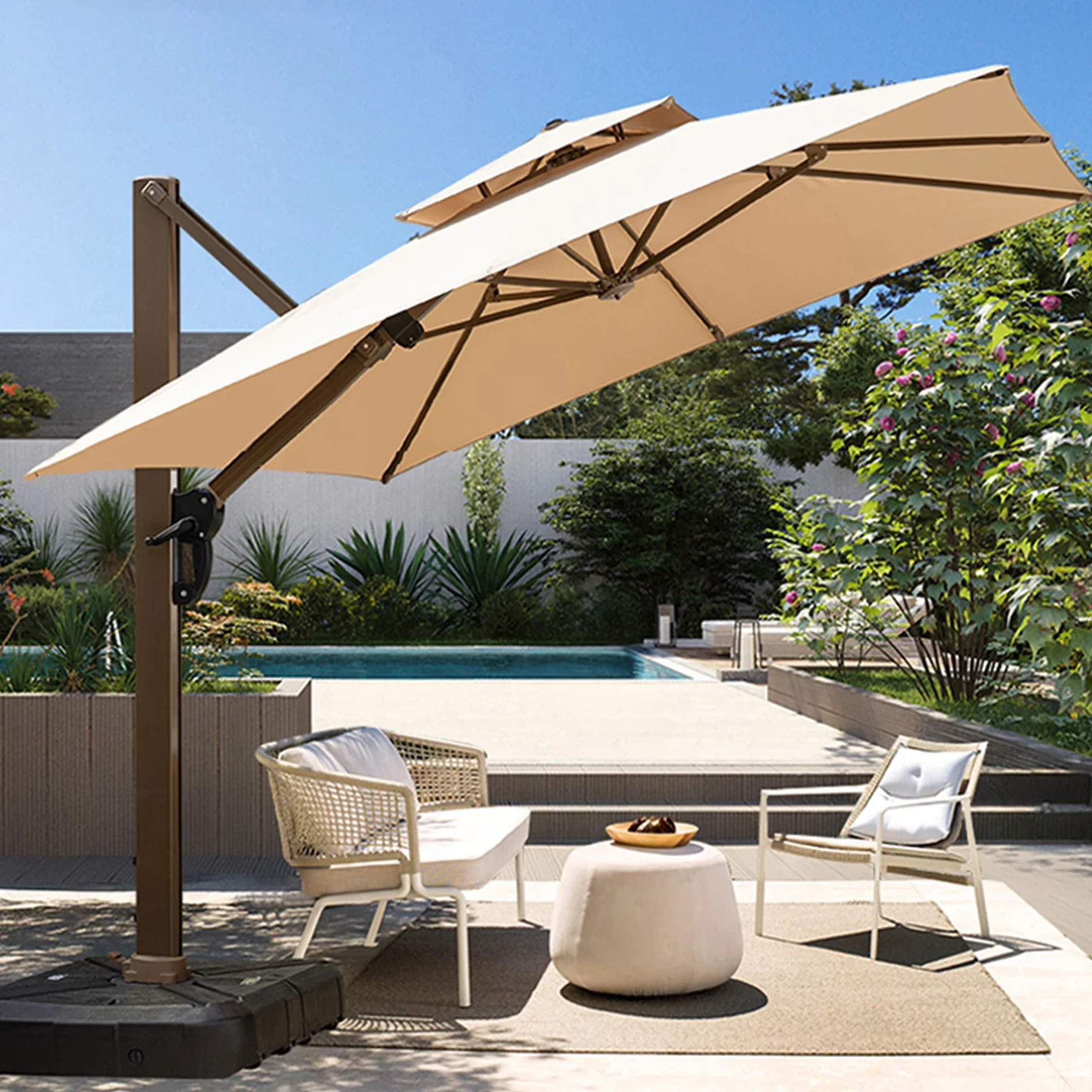 

Good Quality Crochet Patio Umbrella Cotton Tassels Parasol Macrame Ropes Open Umbrella and Base for Outdoor