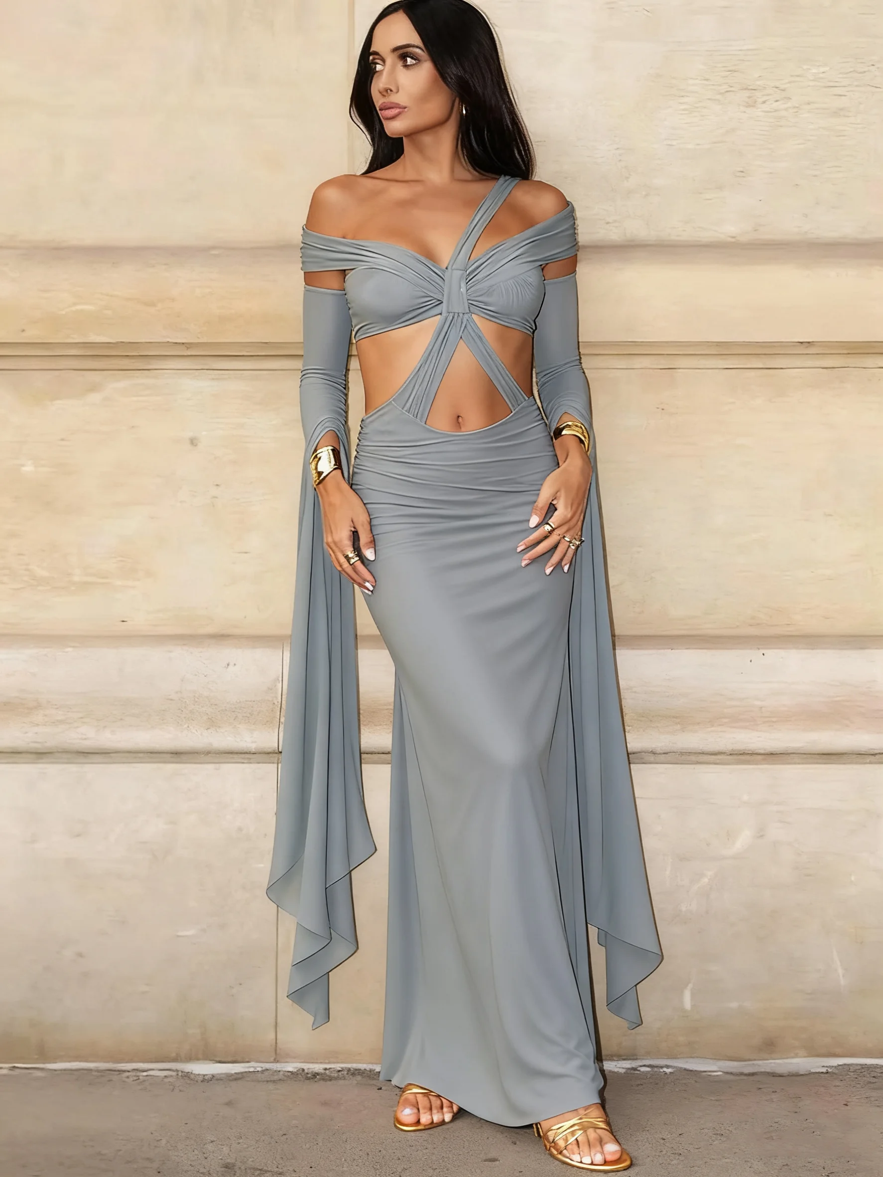 Cutenew バックレス スラッシュネック ドレス + 手袋 レディース ホロー クロス ウエストレス イブニング バースデー パーティー クラブウェア バケーション ボディコン