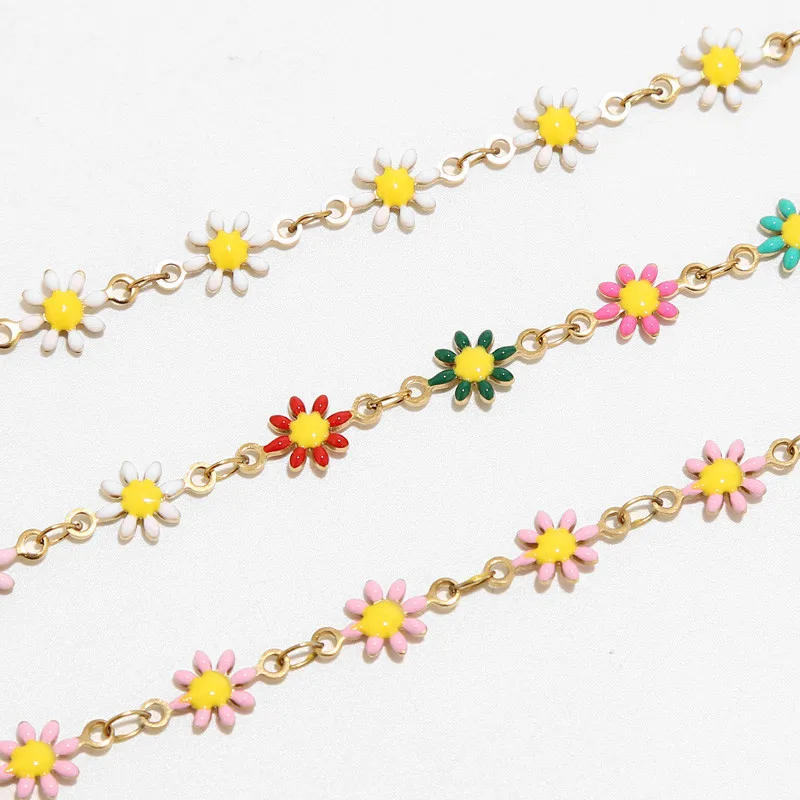 1 Meter Stainless Steel Enamel Daisy Charm Chain Gold Enamel Flower Beaded Chains for Necklace Bracelet DIY Jewelry Making