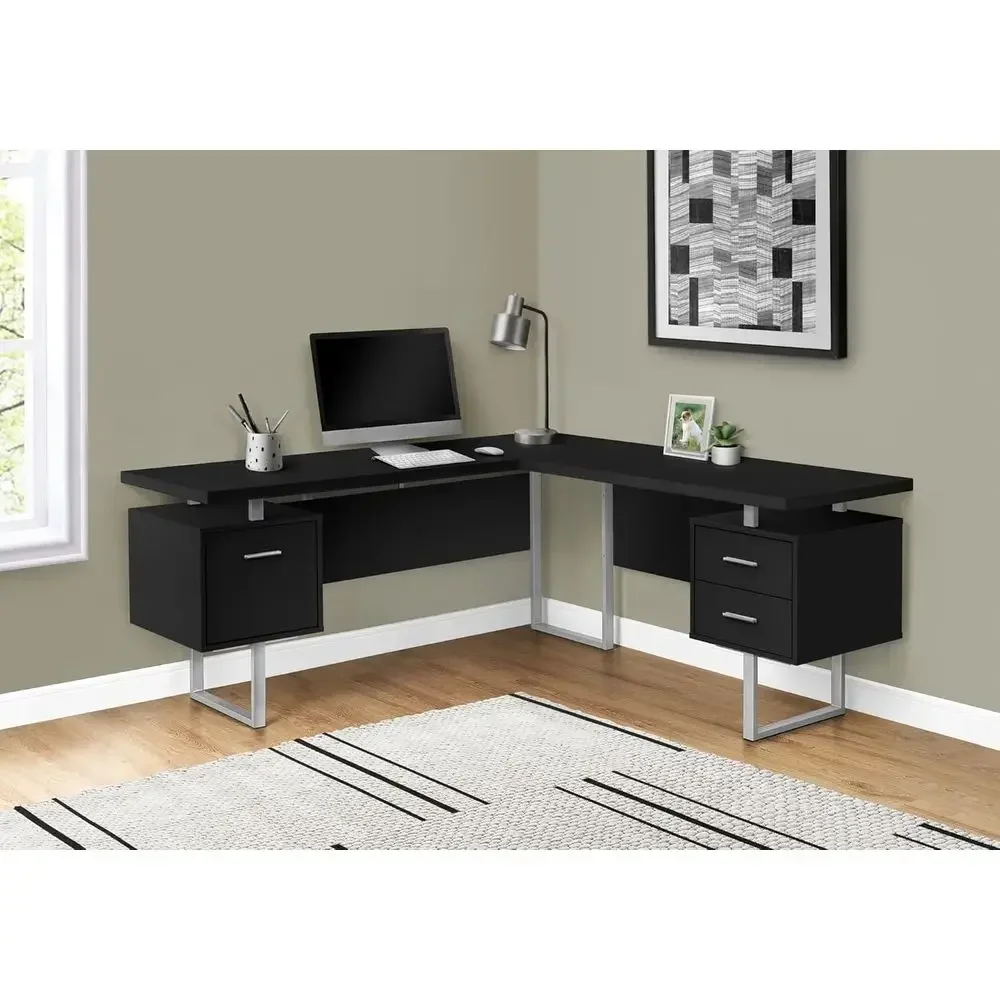 L-Shaped 70 Computer Desk with Storage for Home Office, Suitable for Laptops, Metal Frame, Laminate Surface in Black and Grey