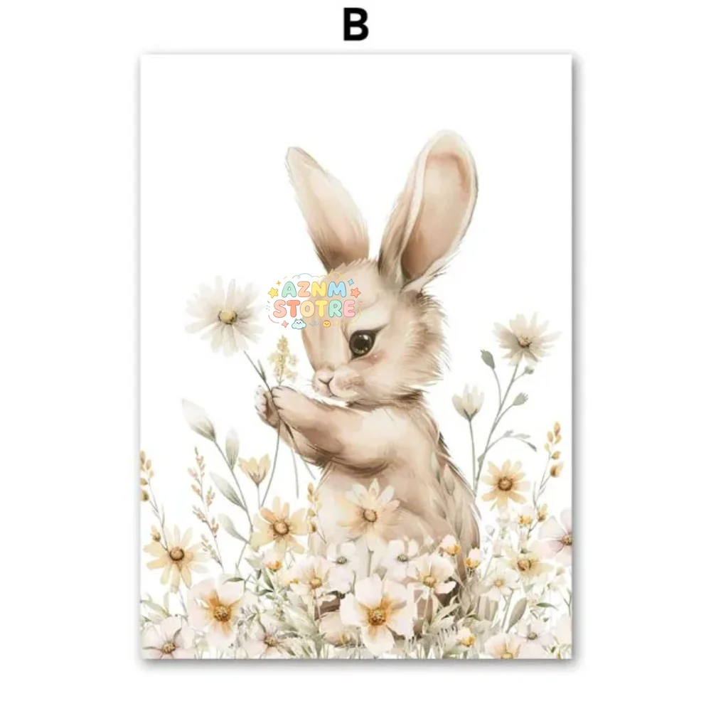 Autumn Rabbit Wild Flower Daisy Nursery Wall Art Canvas Painting Nordic Cartoon Posters And Prints Pictures Baby Kids Room De