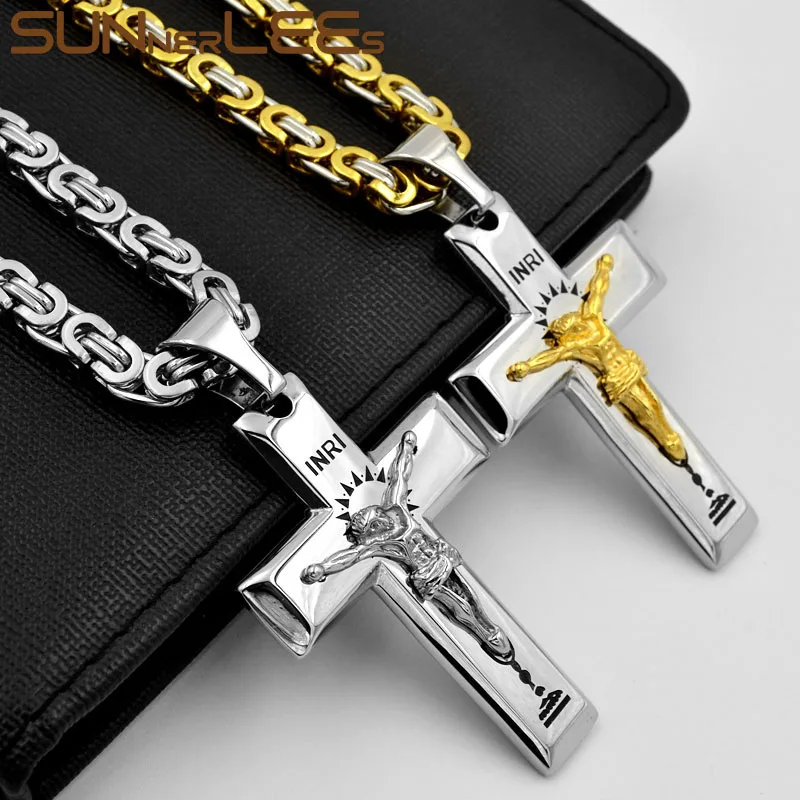 SUNNERLEES Stainless Steel Jesus Christ Cross Pendant Necklace Byzantine Link Chain Silver Color Gold Plated Men Boy Gift SP252