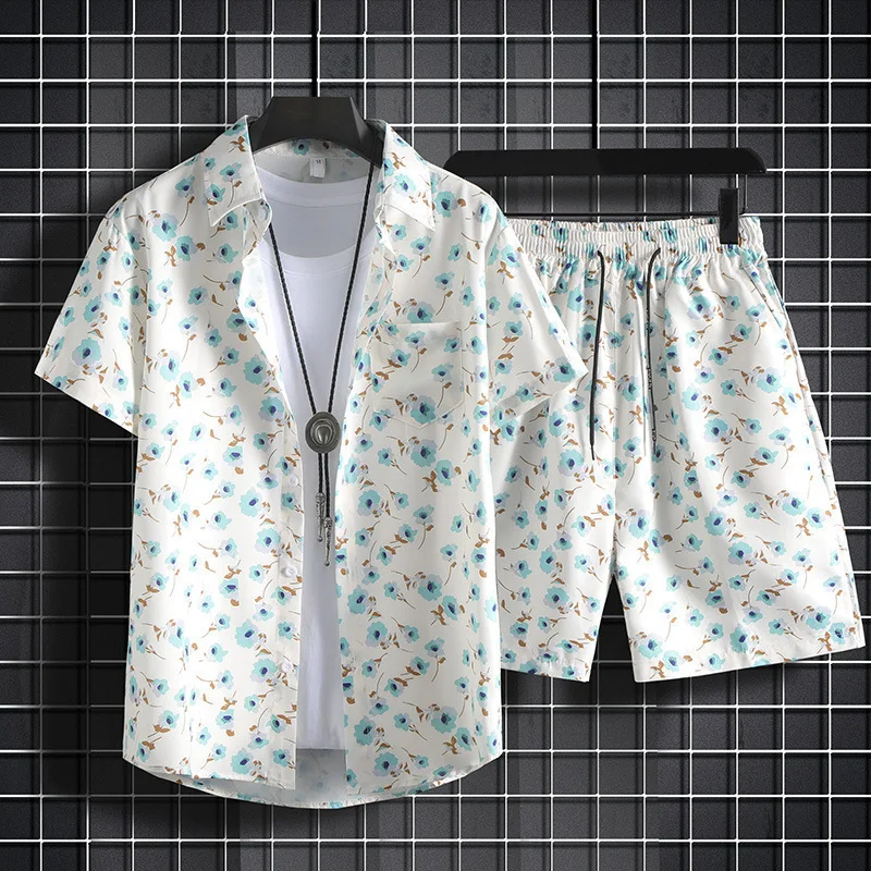 Cartoon Novelty Funny Hawaii safflower floral 3D Print shirt +Shorts Short Sleeve Flip collar shirts half pants Two Piece Set