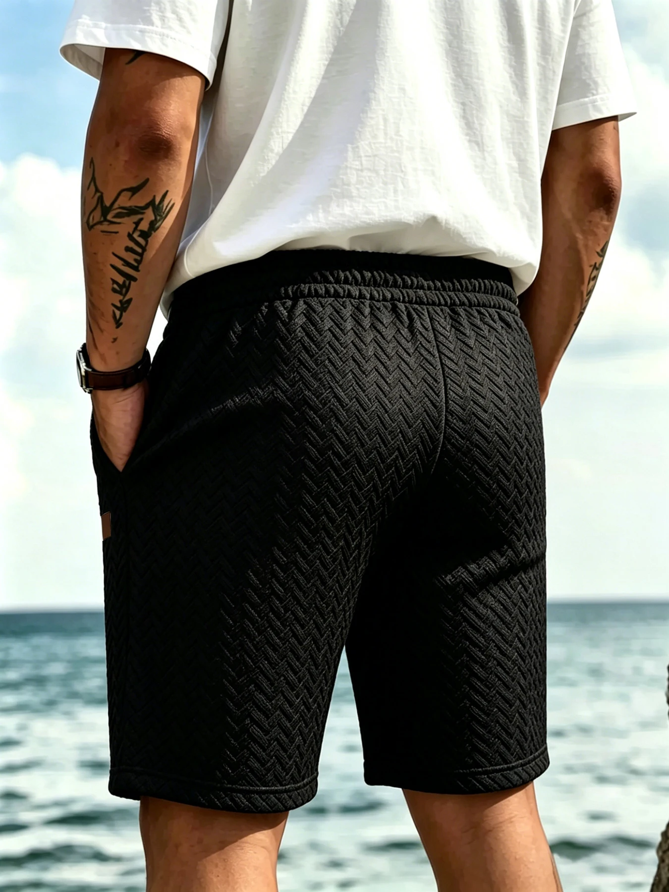 Herren Elegante Casual Shorts mit Fischgrätmuster, 3D-Jacquard-Stoff, Kordelzug, Gerade Passform für Büro und Pendeln – Detail 4