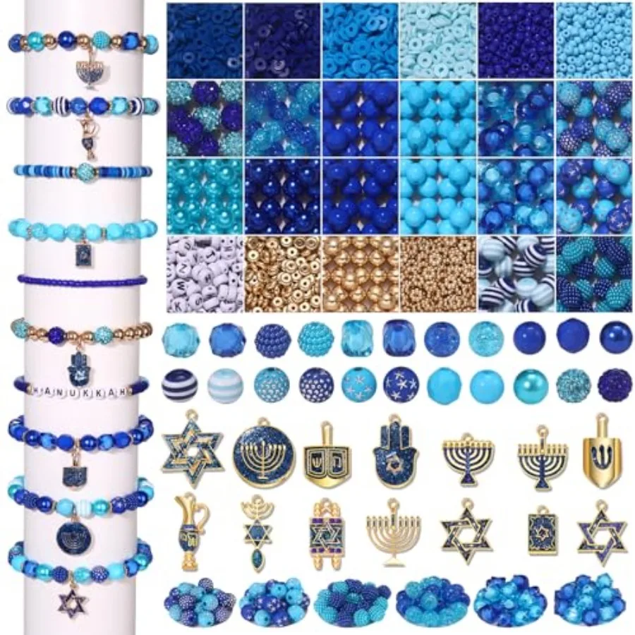 

2280PCS+ Hanukkah Beads for Bracelets Making Blue Pearl Acrylic Clay Heishi Beads Enamel Star of David Menorah Dreidel Charms f